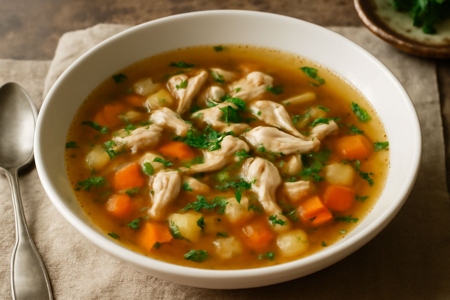 Minestra di rana fumante in ciotola di ceramica bianca: brodo trasparente ambrato con pezzi di carne di rana, dadi di patata e carota, fette di cipolla, prezzemolo verde fresco tritato in superficie, 