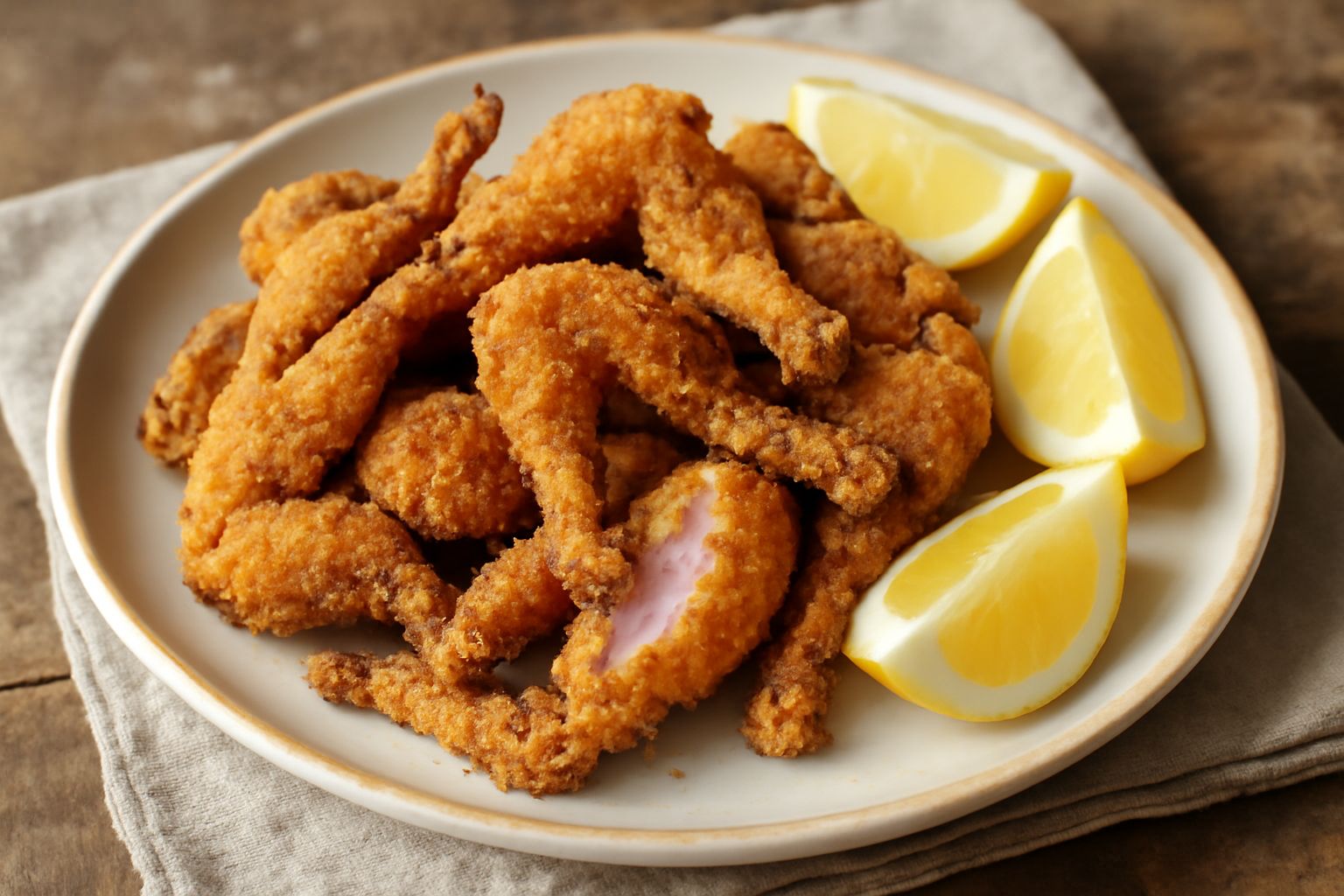 Cosce di rana fritte dorate e croccanti in un piatto bianco, guarnite con limone fresco tagliato a spicchi e prezzemolo verde, servite su carta assorbente