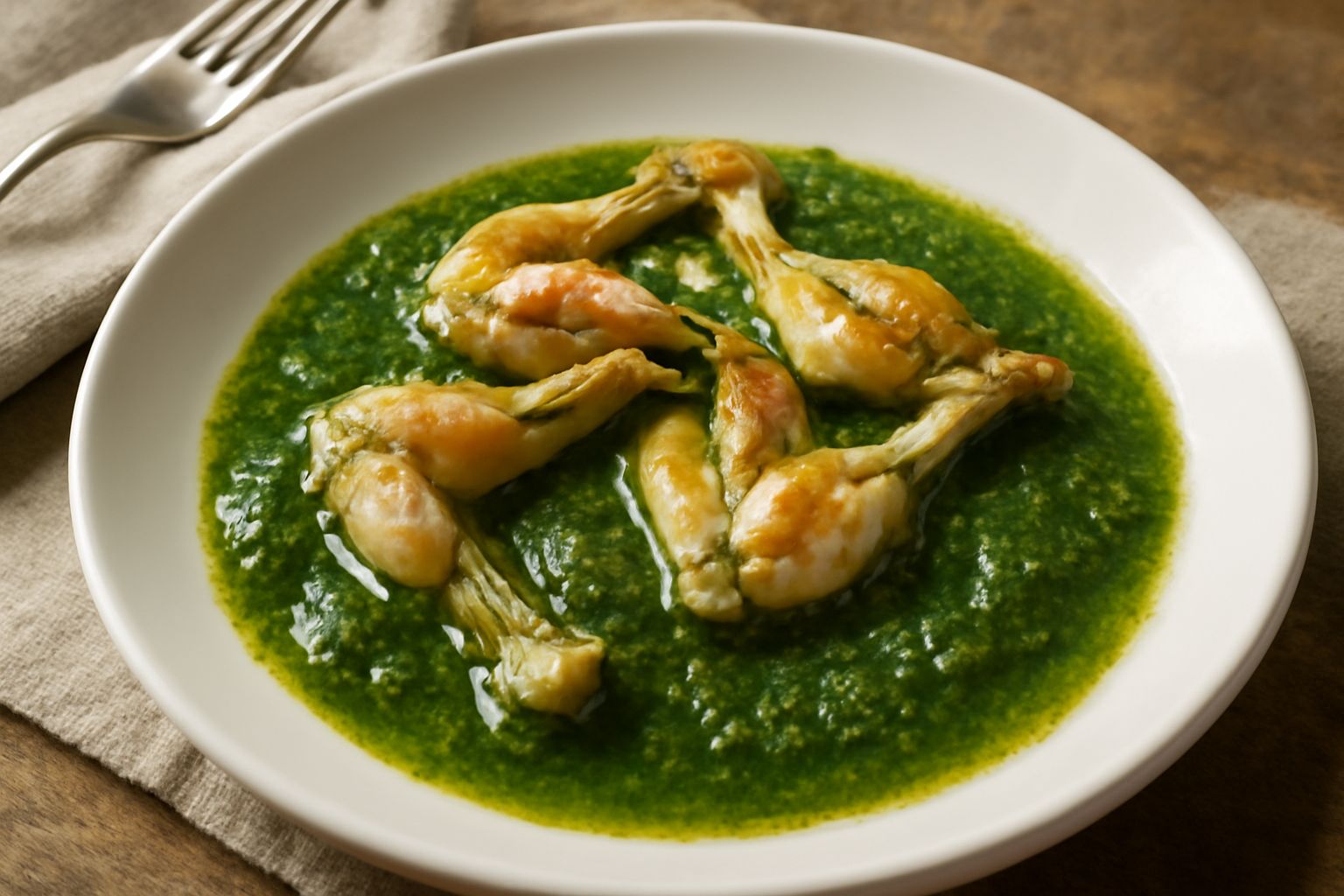 Cosce di rana dorate in padella ricoperte di salsa verde brillante, con prezzemolo fresco e limone, servite in un piatto bianco fondo
