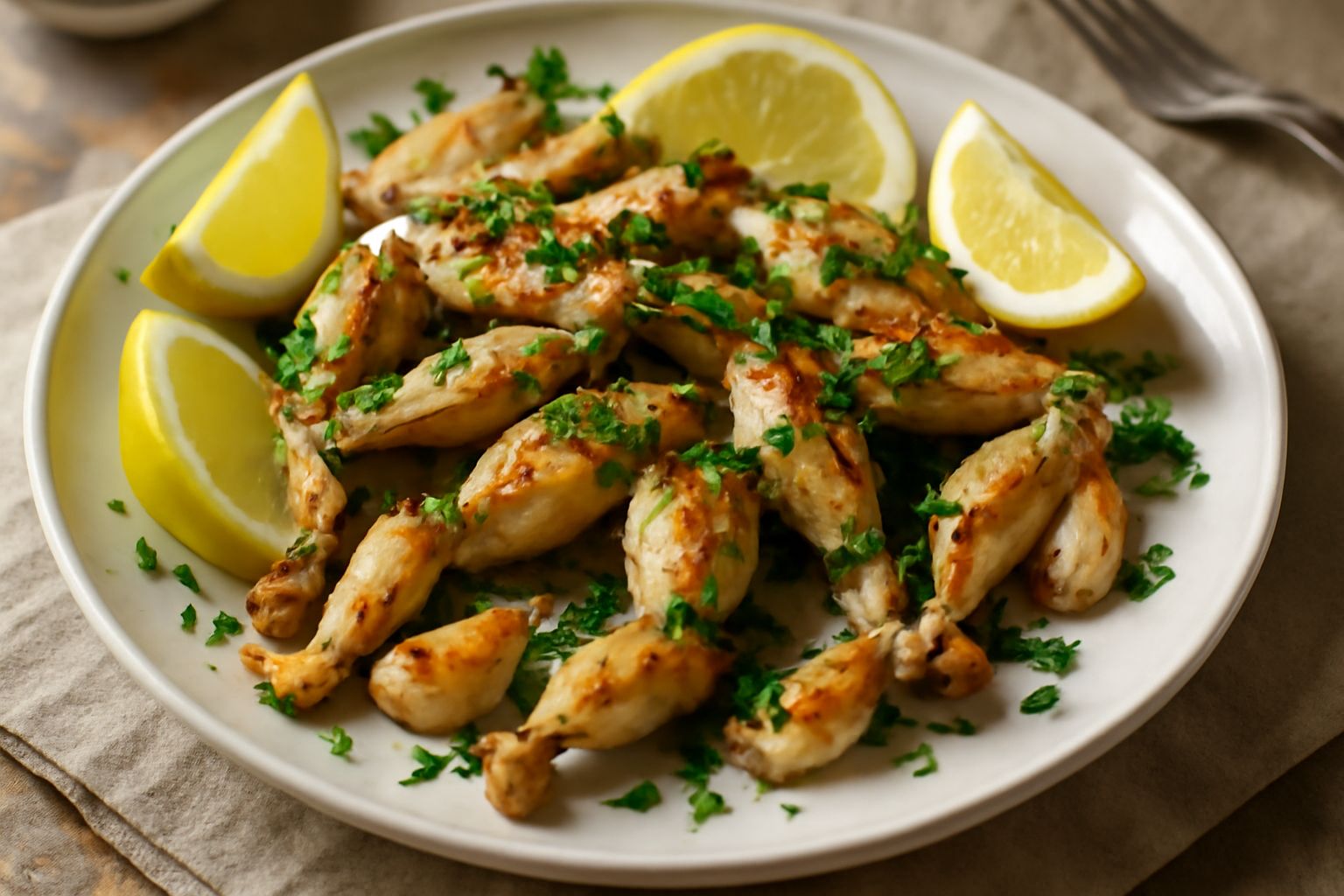 Gambe di rana dorate e croccanti in una padella di ferro, contornate da fettine di limone fresco, aglio dorato e prezzemolo verde brillante, servite su un piatto bianco