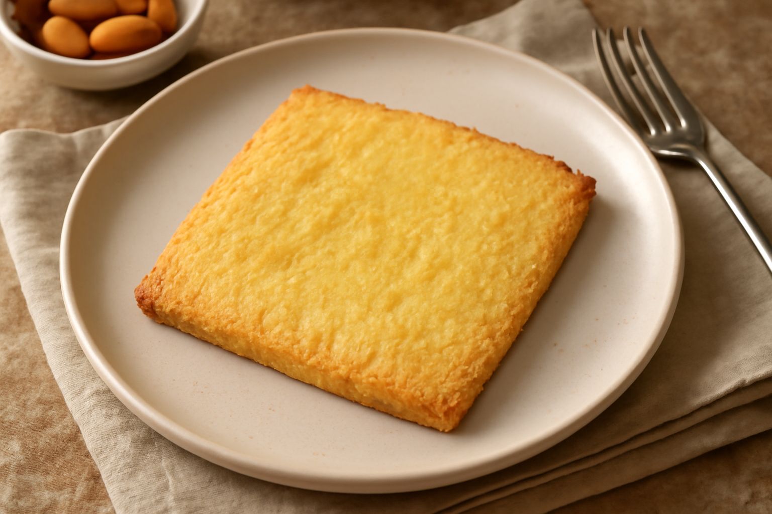 Frolla alle mandorle appena sfornata, di colore dorato chiaro, con superficie leggermente screpolata e friabile. Alcuni frammenti sparsi su carta da forno bianca, impasto compatto in sottofondo. Textu