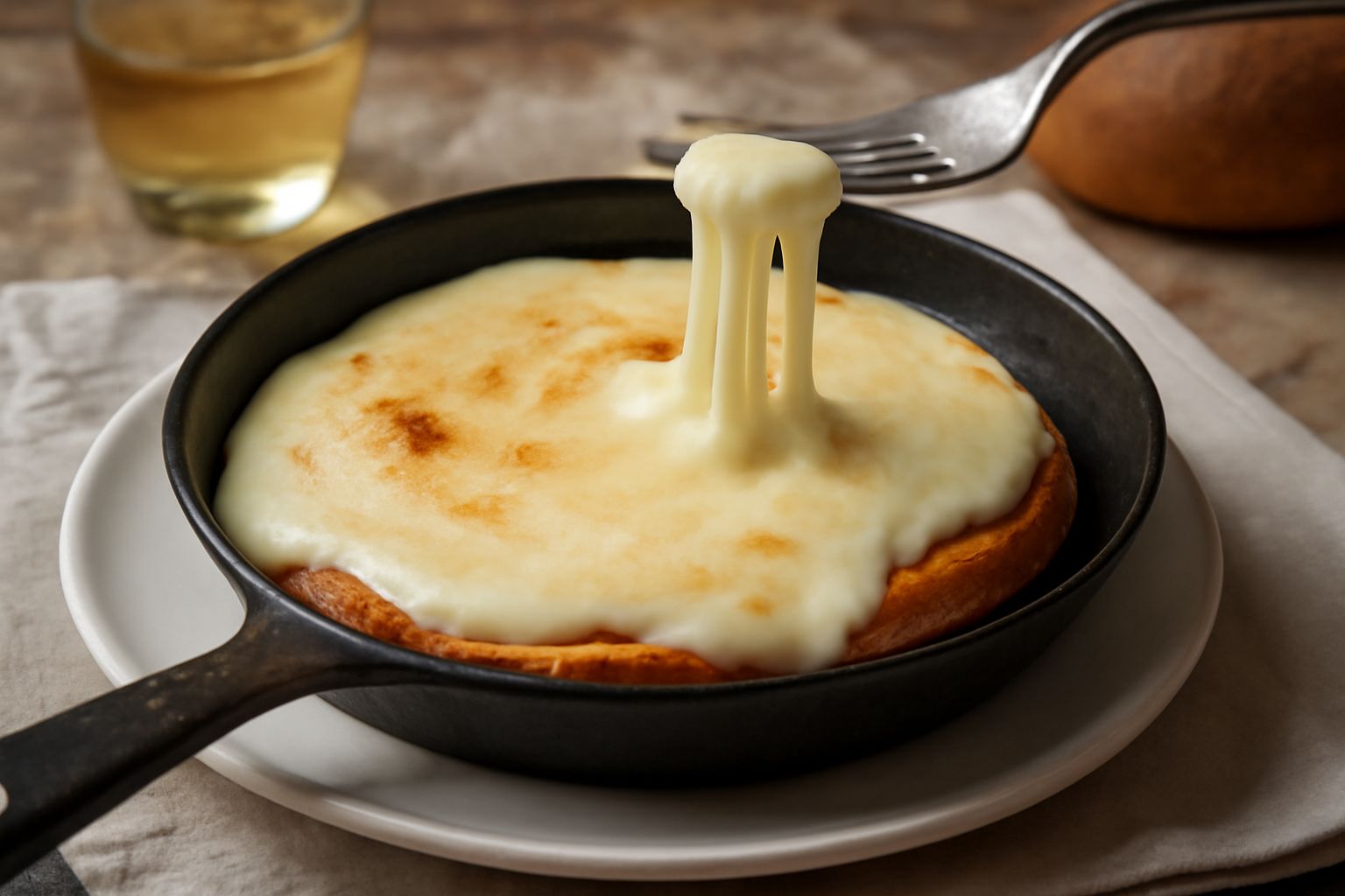 Fromadzo fuso in una padella nera, cremoso e filante, con superficie dorata e leggermente affumicata, circondato da pane tostato ai bordi del piatto