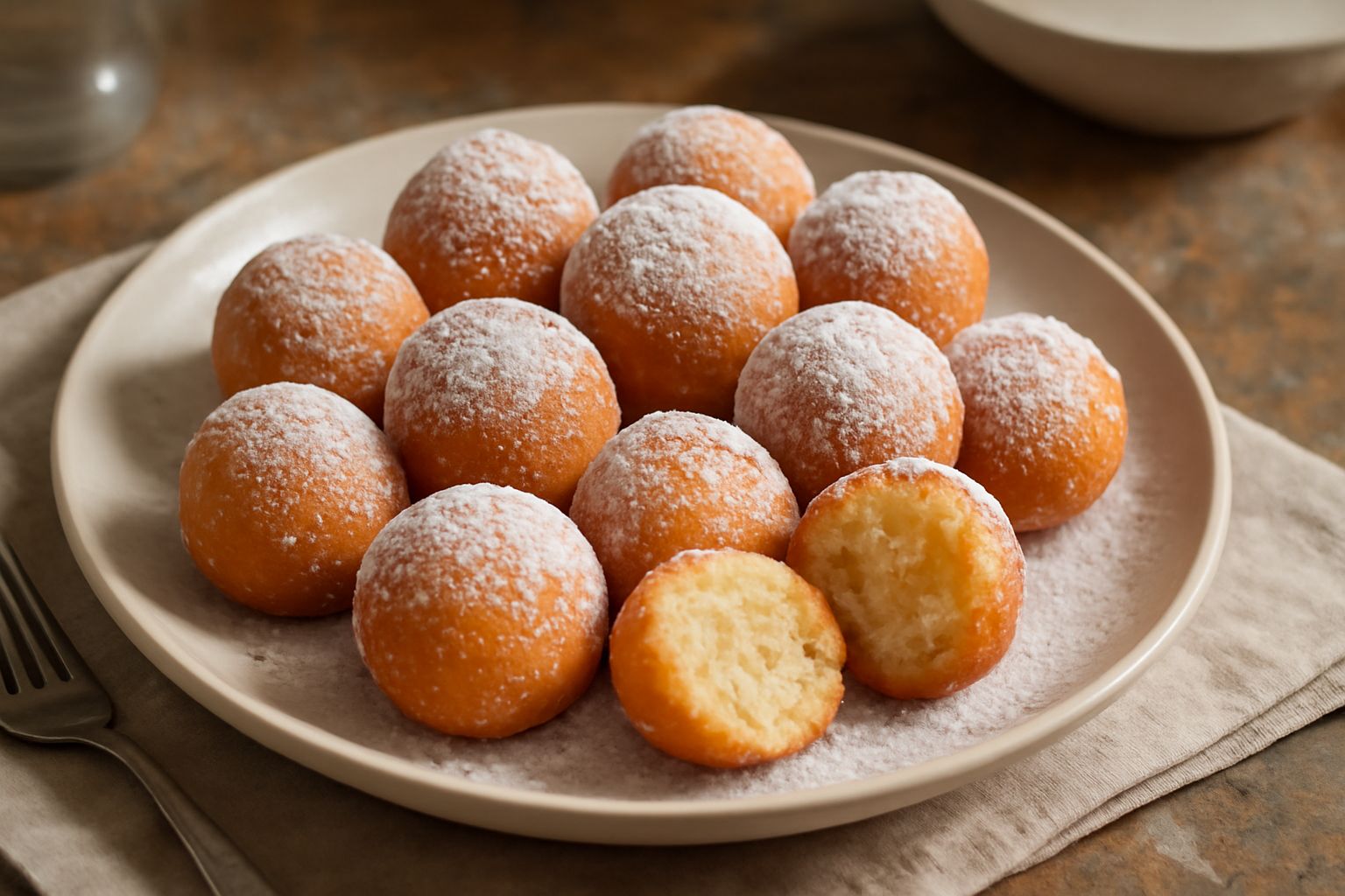 Frittelle dorate e croccanti ammucchiate in un piatto di ceramica bianca, cosparse di zucchero a velo, con consistenza porosa visibile, su sfondo neutro