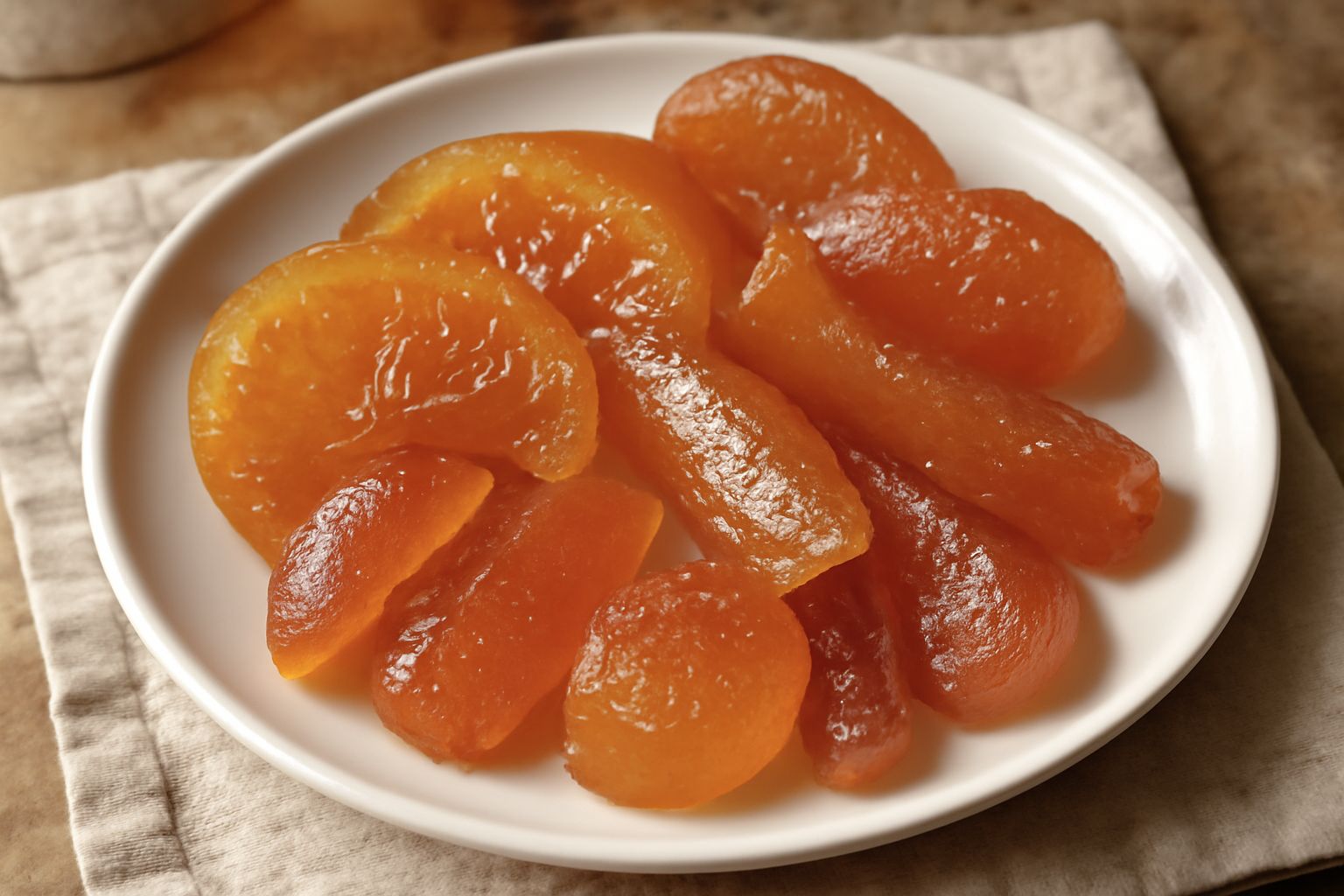 Fette di frutta candita disposte su una ciotola bianca: arance e mandarini color ambra traslucido, inguaina di zucchero cristallizzato, con gocce di umidità sulla superficie lucida