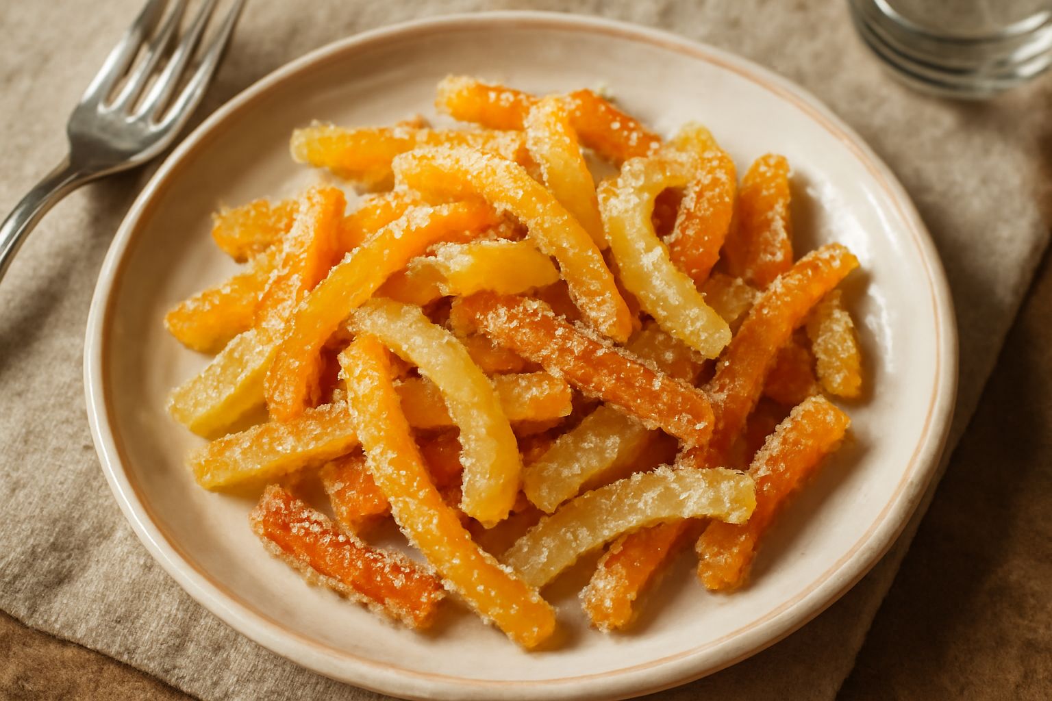 Frutta candita genovese disposta su un piatto bianco: strisce di arance, cedri e limoni ricoperti di cristalli di zucchero, colore arancione e giallo oro, consistenza lucida e croccante