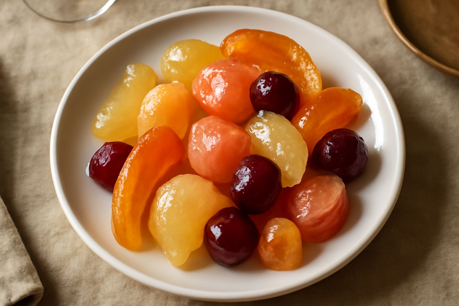 Frutta candita mista in un piatto bianco: fette di mela giallo-trasparente, spicchi d'arancia lucidi e brillanti, pezzi di pera chiara e ciliegie scure leggermente appiccicose, cosparsi di zucchero se