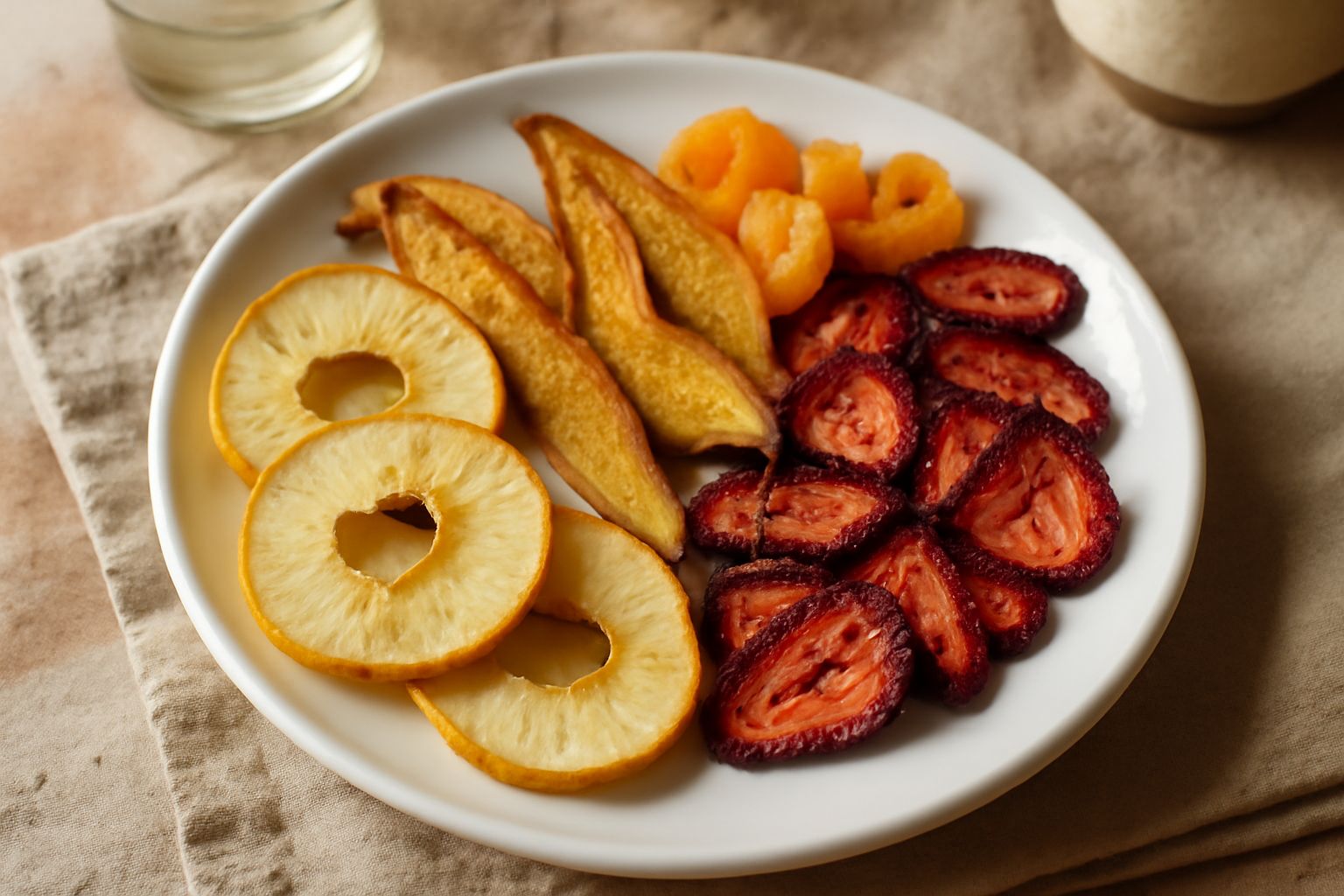 Fette sottili di mela giallo-dorata, pere color ambra, albicocche arancioni e fragole rosse sfumate scure, disposte su una griglia acciaio inox. Frutta essiccata croccante, alcuni pezzi leggermente ri
