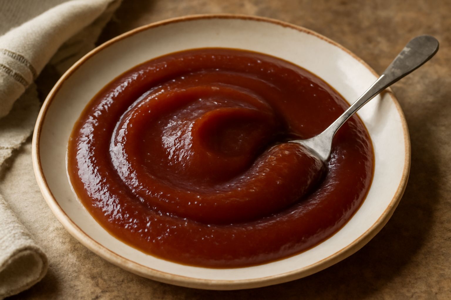 Una ciotola di vetro piena di composta di frutta densa e ambrata, con un cucchiaio di legno immerso, circondata da mele rosse, pere gialle e frutti di bosco freschi su un tavolo di legno
