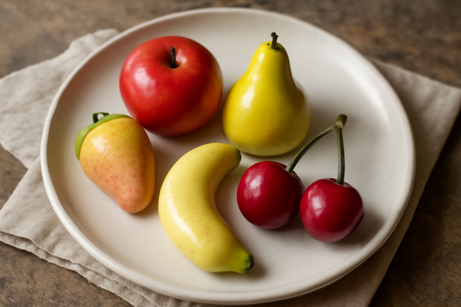 Frutta martorana di pasta di mandorle: mele rosse lucide, pere gialle, fragole rosa e ciliege rosse, modellate a mano e dipinte, disposte su un piatto bianco