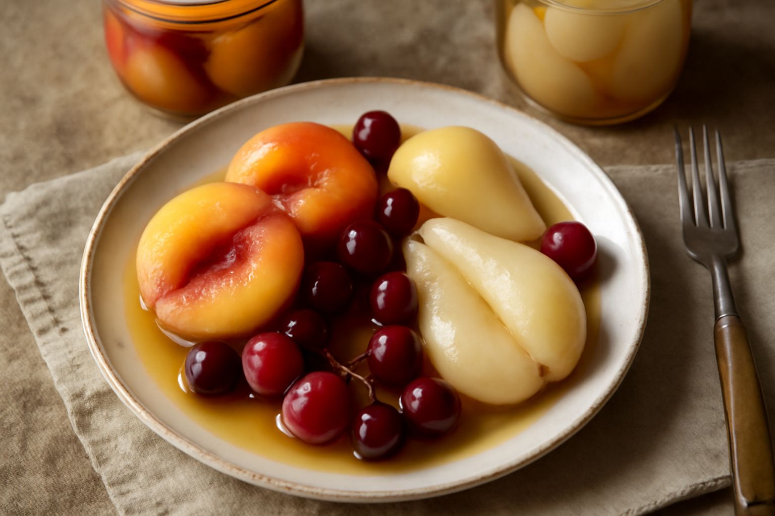 Barattoli di vetro trasparente riempiti di frutta sciroppata dai colori intensi: pesche gialle e rosa, pere color avorio, ciliegie scure, amarene rosse immerse in sciroppo denso e brillante, con etich