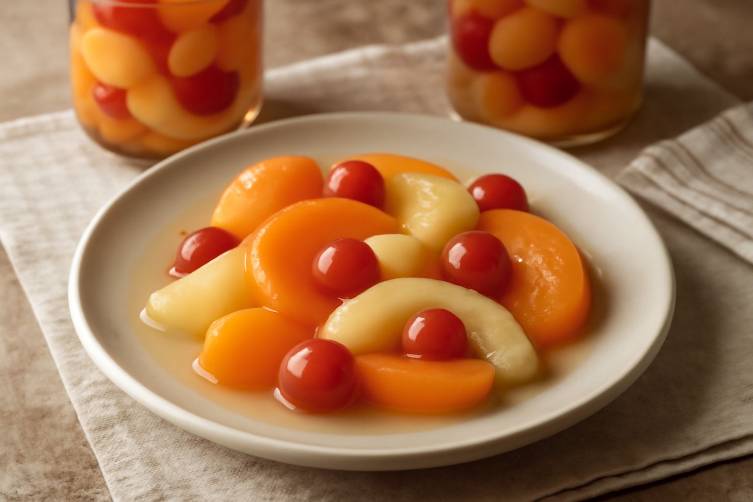 Vasetto di vetro trasparente con frutta sciroppata mista: pezzi di pesca arancione, pera gialla, albicocca, e ciliegie rosse immerse in sciroppo trasparente. Sullo sfondo altri vasetti uguali allineat