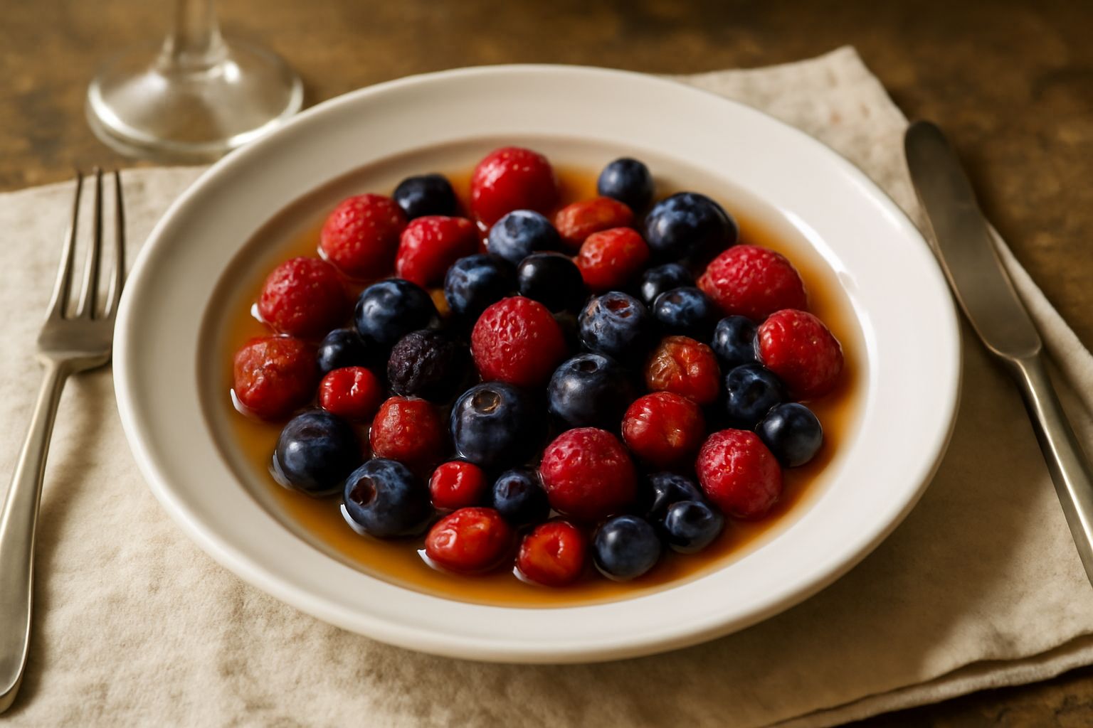 Barattolo di vetro con frutti di bosco rossi e blu immersi in liquido trasparente dorato, tappo ermetico, frutti interi e brillanti visibili attraverso il vetro, sfondo neutro