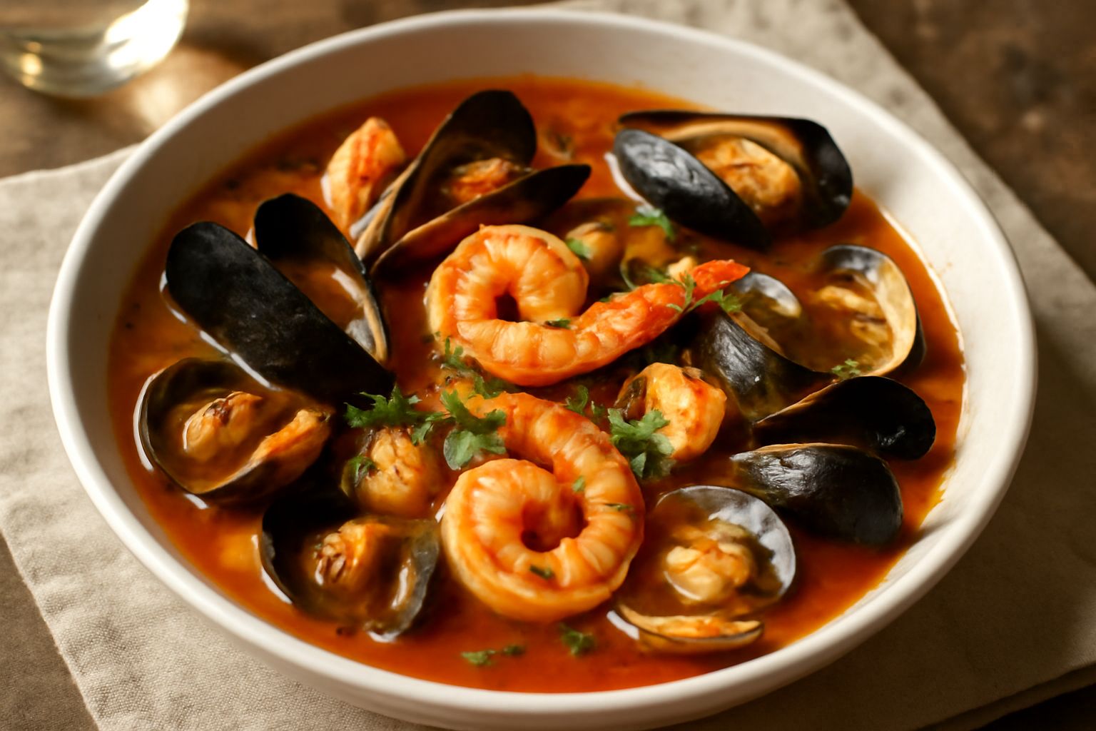 Pentola in primo piano con cozze aperte, vongole e gamberi rosati in salsa rossa densa di pomodoro, decorati con prezzemolo verde fresco, vapore che sale, sfondo bianco