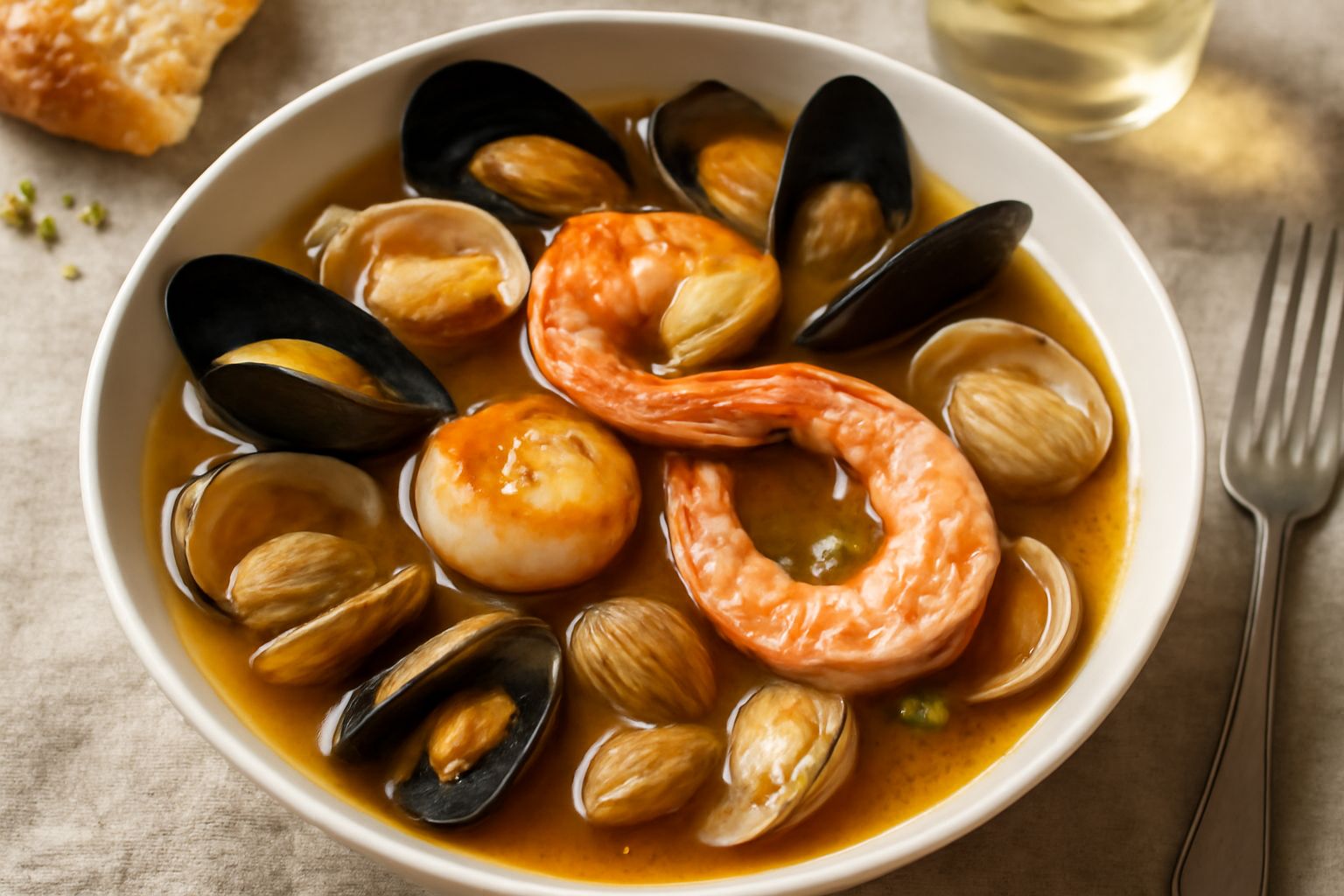 Ciotola di ceramica bianca con frutti di mare in brodo fumante: cozze nere e aperte, vongole, gamberi grigi, prezzemolo verde fresco in superficie, brodo trasparente con gocce di olio d'oliva