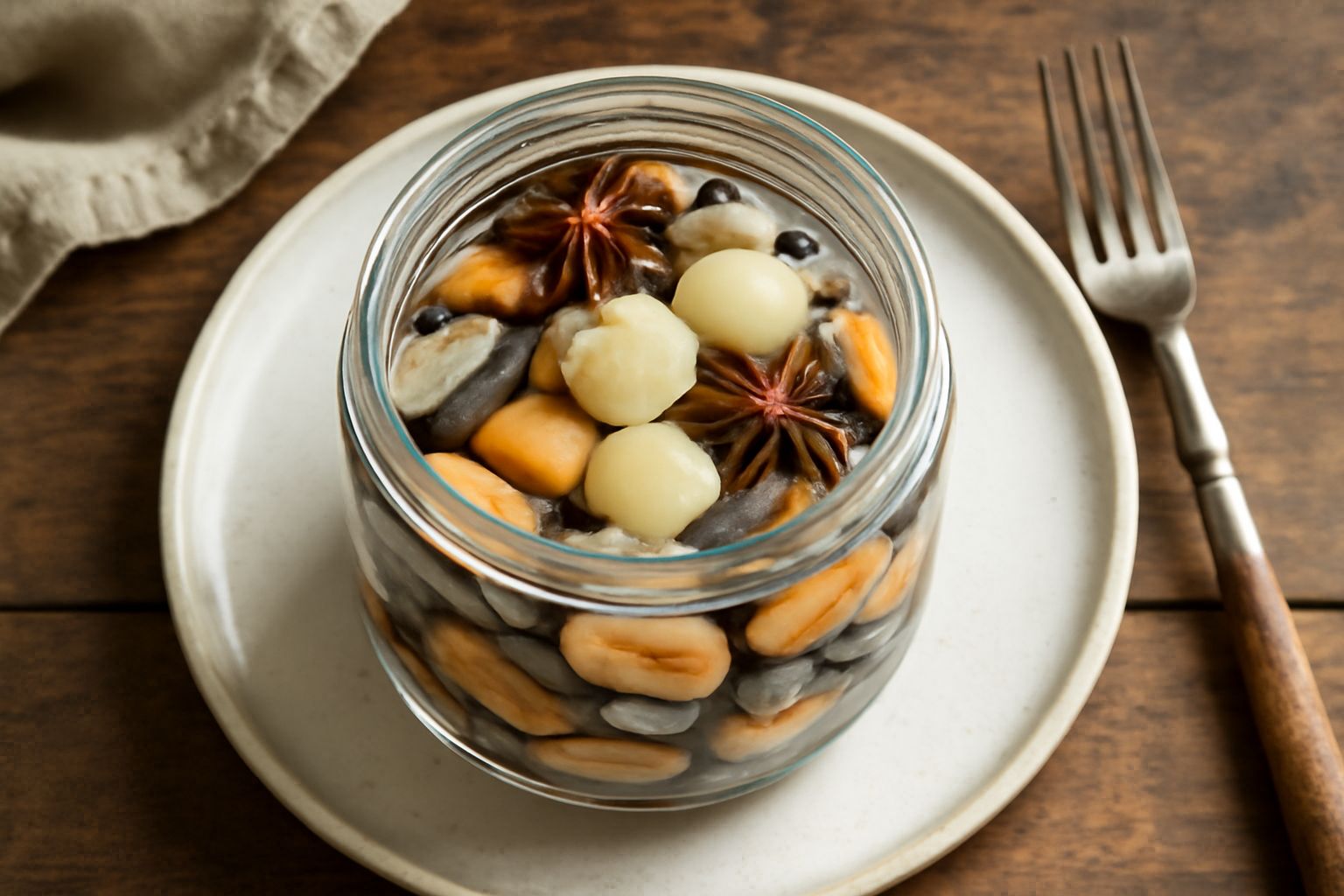 Vasetto di vetro con frutti di mare in salamoia: cozze nere e vongole color grigio chiaro immerse in liquido trasparente con anice stellato e grani di pepe neri visibili, foglie di alloro galleggianti