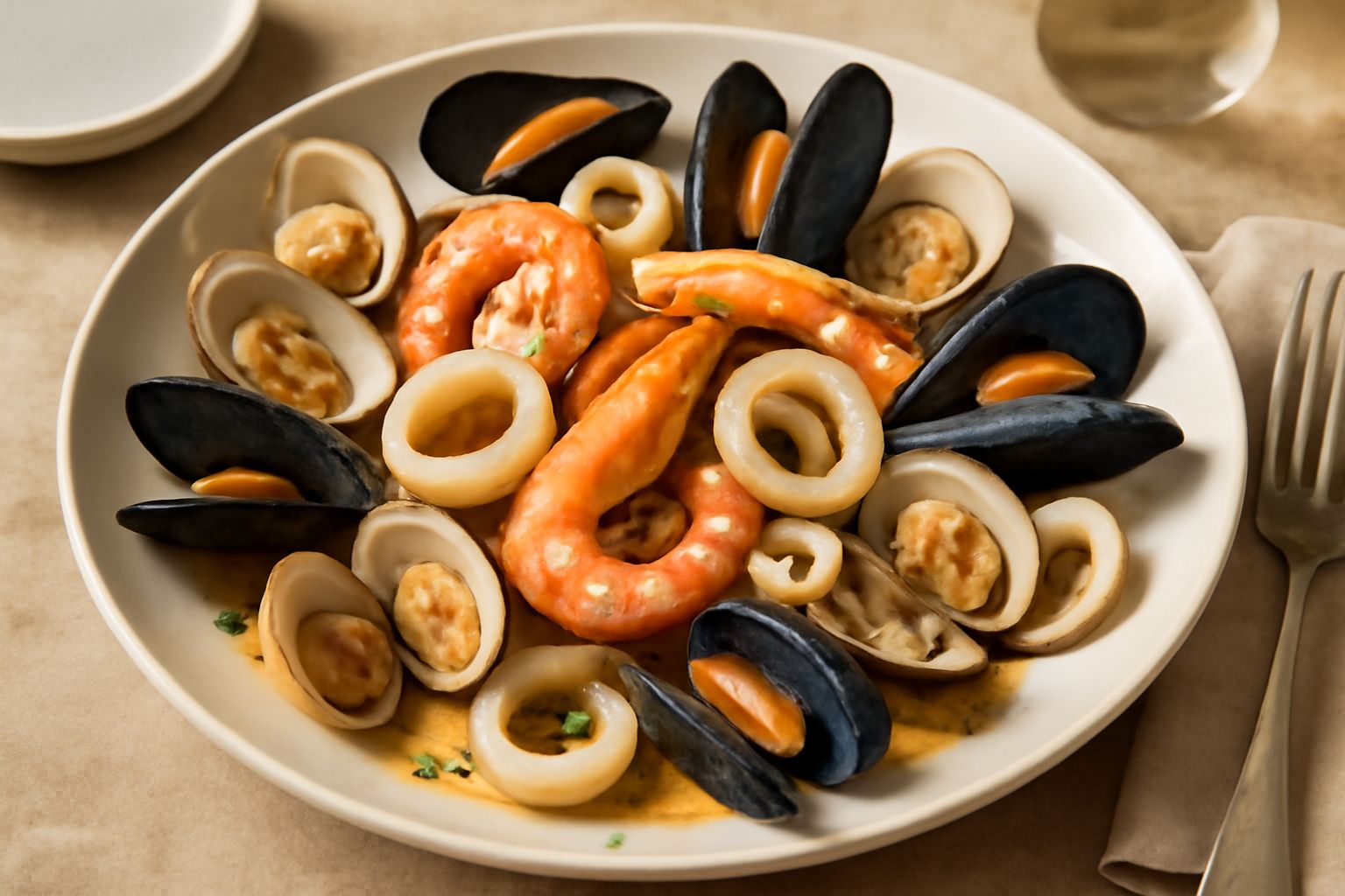 Piatto bianco con frutti di mare misti cotti al forno: vongole aperte gialle, cozze blu scuro, gamberi rosa e calamari bianchi, il tutto cosparso di prezzemolo fresco verde su fondo di olio dorato