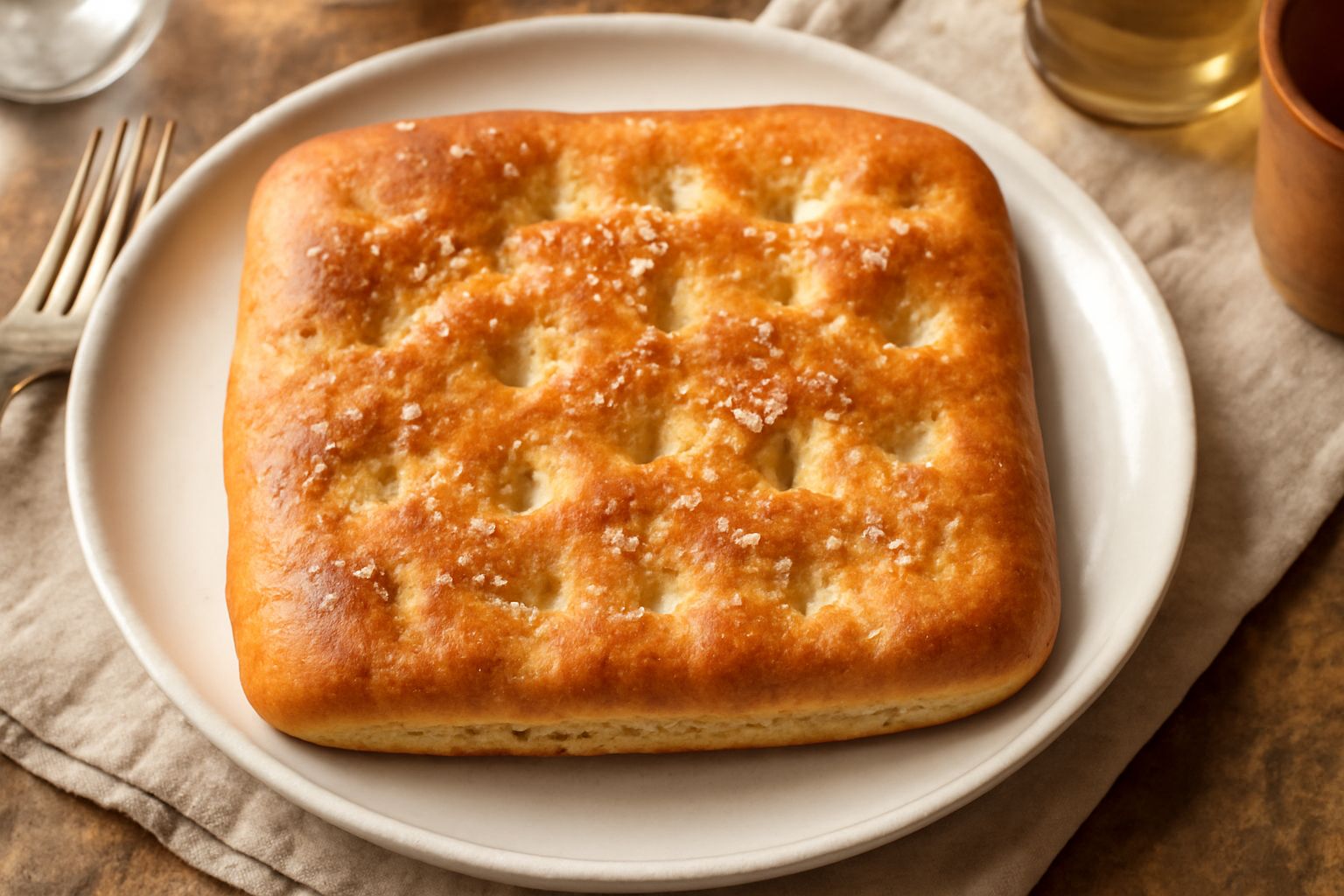 Fugassa de Puteo appena sfornata, pane piatto dorato con superficie leggermente oleosa e salata, crosta croccante e alveoli visibili, su tavolo di legno con rametto di rosmarino