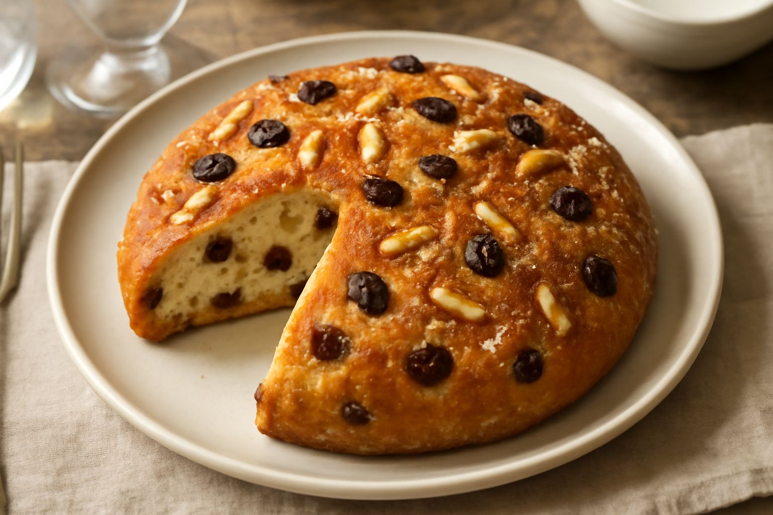 Fugassa dolce salata appena sfornata, di colore dorato, con grani di sale grosso visibili in superficie, uvetta e pinoli sparsi sulla parte superiore, spezzata in due per mostrare l'interno morbido