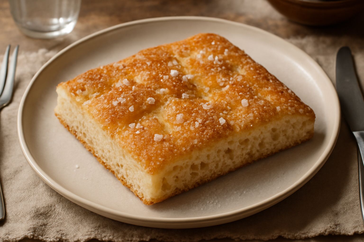 Fugassa veneta appena sfornata su tavolo di legno: focaccia rettangolare dorata con cristalli di sale visibili sulla superficie, mollica morbida in primo piano, crosta sottile e leggera