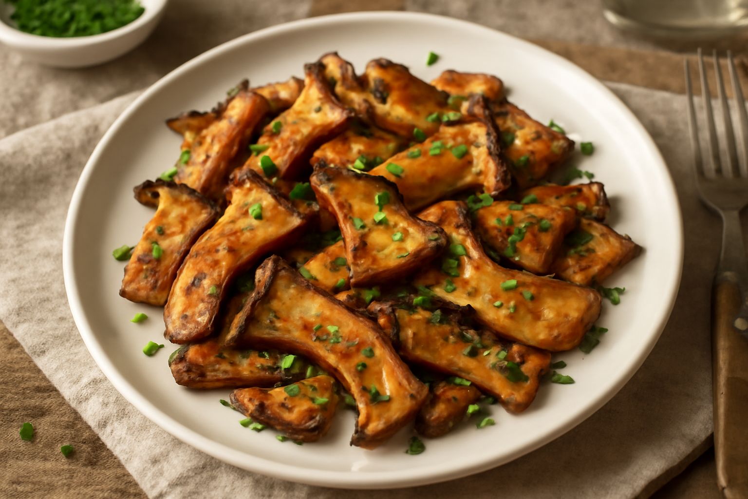 Funghi cardoncelli dorati e croccanti in padella in ferro, con aglio e prezzemolo fresco, vapore leggero visibile, impiattati su un piatto bianco.
