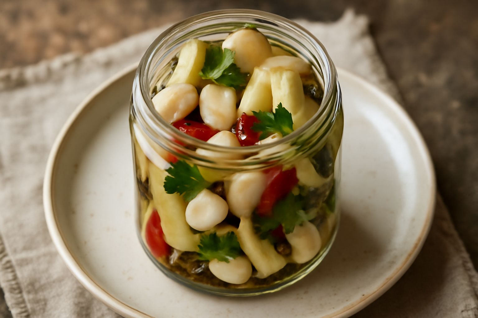 Vasetto di vetro trasparente con funghi cardoncelli giallognoli e interi immersi in liquido trasparente, circondati da spicchi d'aglio bianco e peperoncini rossi, su sfondo bianco
