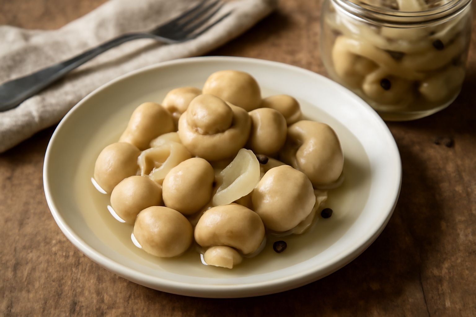 Barattolo di vetro con funghi champignon sottaceto, bianchi e interi, immersi in liquido trasparente con spicchi di cipolla, peperoni rossi e foglie di alloro, su sfondo di cucina luminosa
