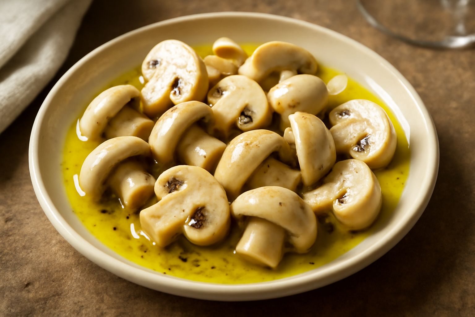 Vasetto di vetro con funghi champignon bianchi e interi immersi in olio giallo trasparente, aglio e peperoncino rosso visibili tra i funghi, lighting naturale da finestra