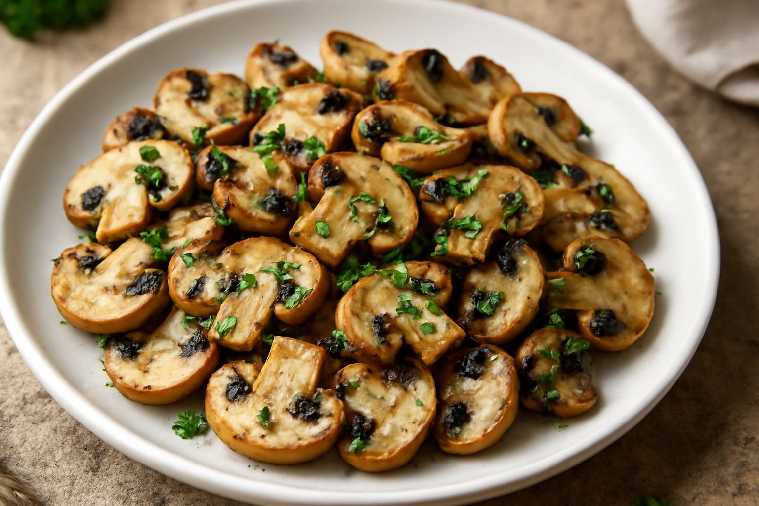 Funghi champignon dorati trifolati serviti in un piatto bianco, decorati con prezzemolo fresco verde, aglio tostato e gocce di olio, su sfondo di legno naturale