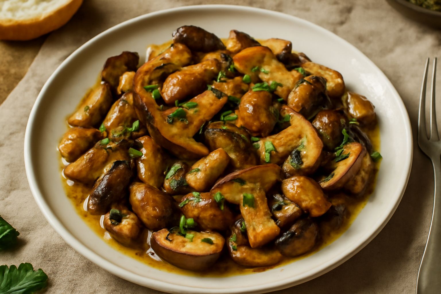 Funghi di bosco trifolati in padella antiaderente, marroni dorati con prezzemolo verde fresco, aglio affettato sottile e olio lucido, vapore appena visibile, serviti in piatto bianco con limone a spic