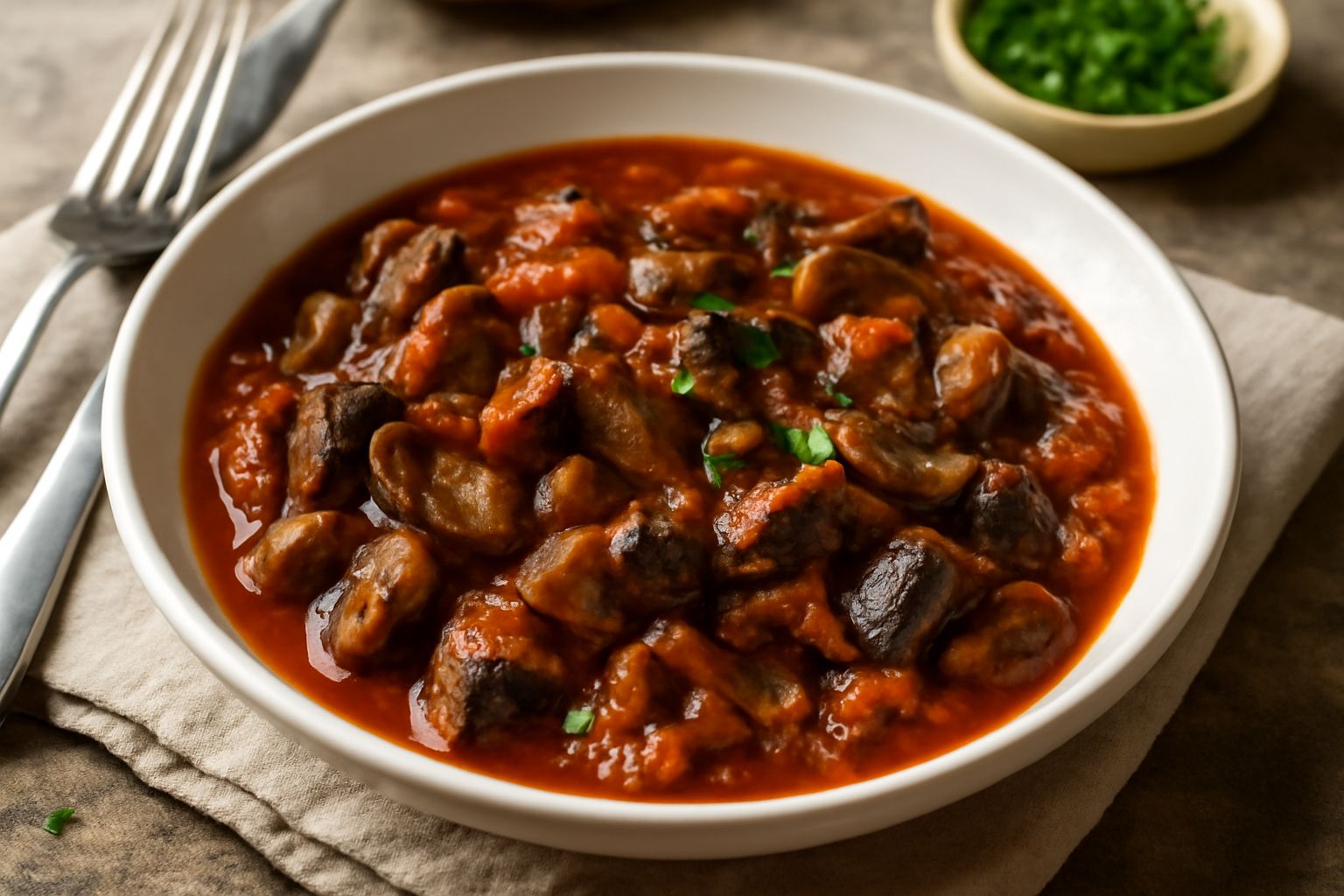 Funghi di bosco in umido in una ciotola di terracotta bianca, con sugo rosso e pomodoro, qualche foglia di prezzemolo fresco sopra, spicchi d'aglio intorno al bordo della ciotola, su fondo di legno sc