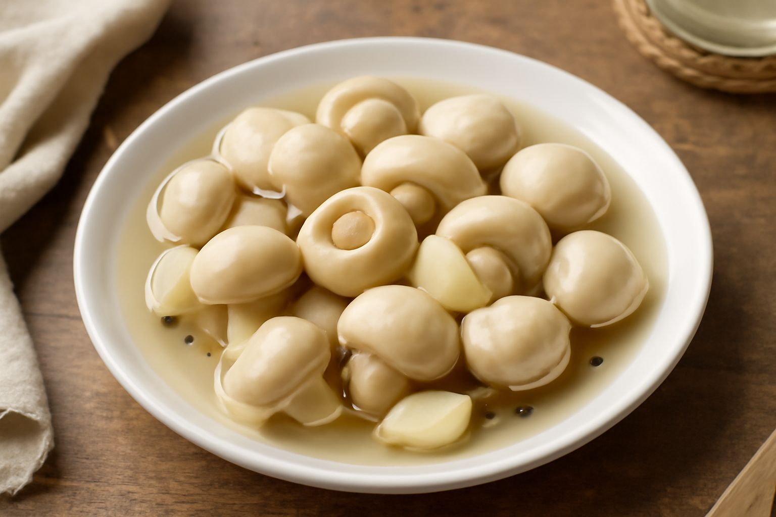 Vasetto di vetro trasparente con funghi di prato bianchi e piccoli immersi in aceto limpido, spezie visibili, tappo ermetico, su piano di legno naturale