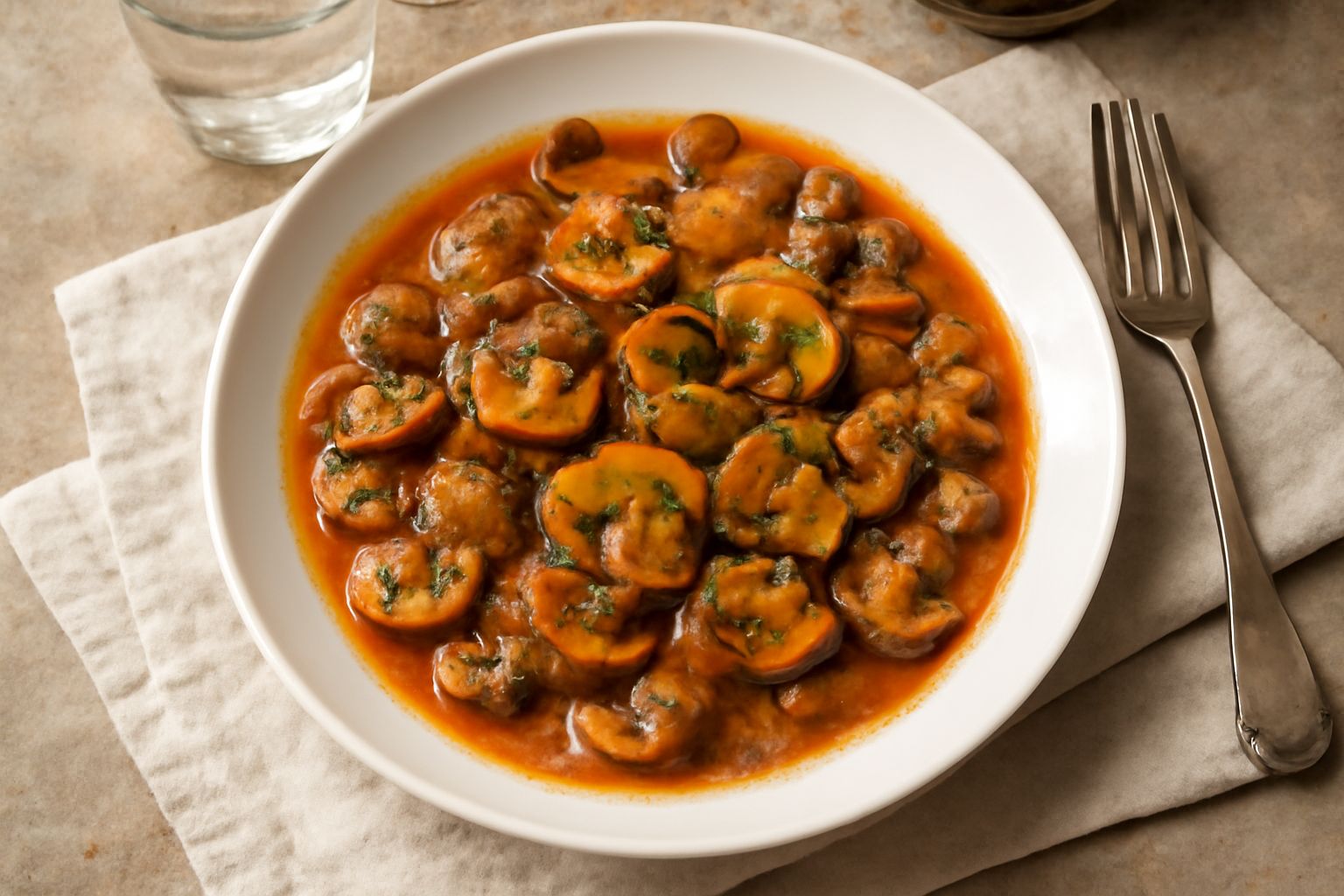 Funghi trifolati in umido in una padella di terracotta, ricoperti di prezzemolo fresco tritato, con aglio e brodo visibile tra i funghi