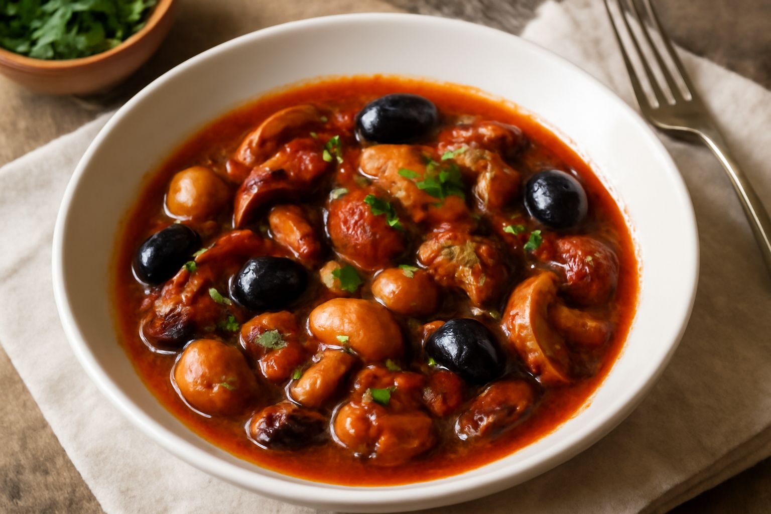 Funghi misti rossi e bianchi cotti in un piatto ceramica bianca, ricoperti di salsa rossa con olive nere, prezzemolo fresco e gocce di olio d'oliva