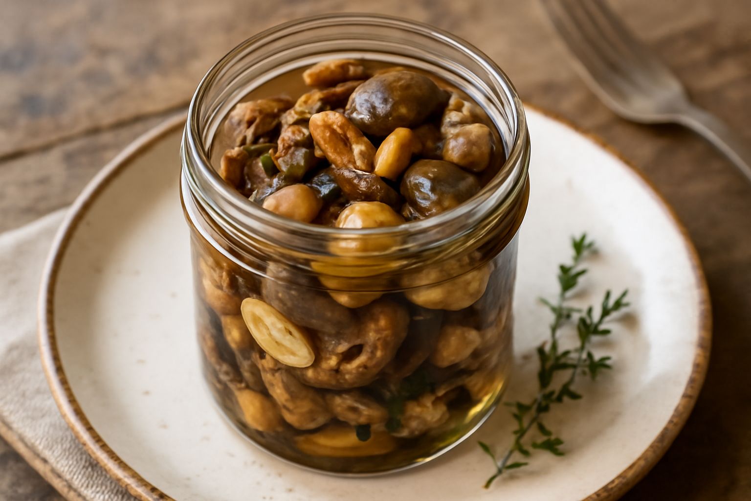 Barattolo di vetro con funghi misti conservati color dorato-marrone immersi in olio trasparente, con spicchi d'aglio e foglie di timo visibili, su tavolo di legno bianco con luce naturale