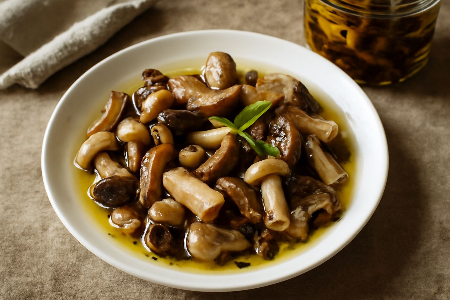 Vasetto di vetro con funghi misti in conserva sott'olio di oliva, con visibili funghi champignon e porcini, peperoncino rosso e foglie di alloro, su sfondo bianco con fettuccia di lino