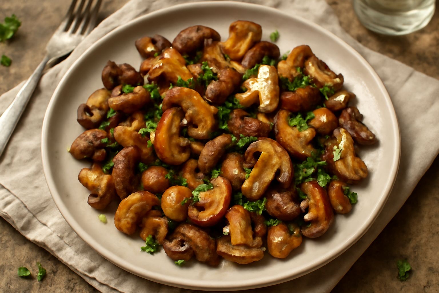 Funghi misti in padella dorati e umidi, con residui di aglio brunastro, prezzemolo verde sparso in superficie, serviti su piatto bianco con bordo largo