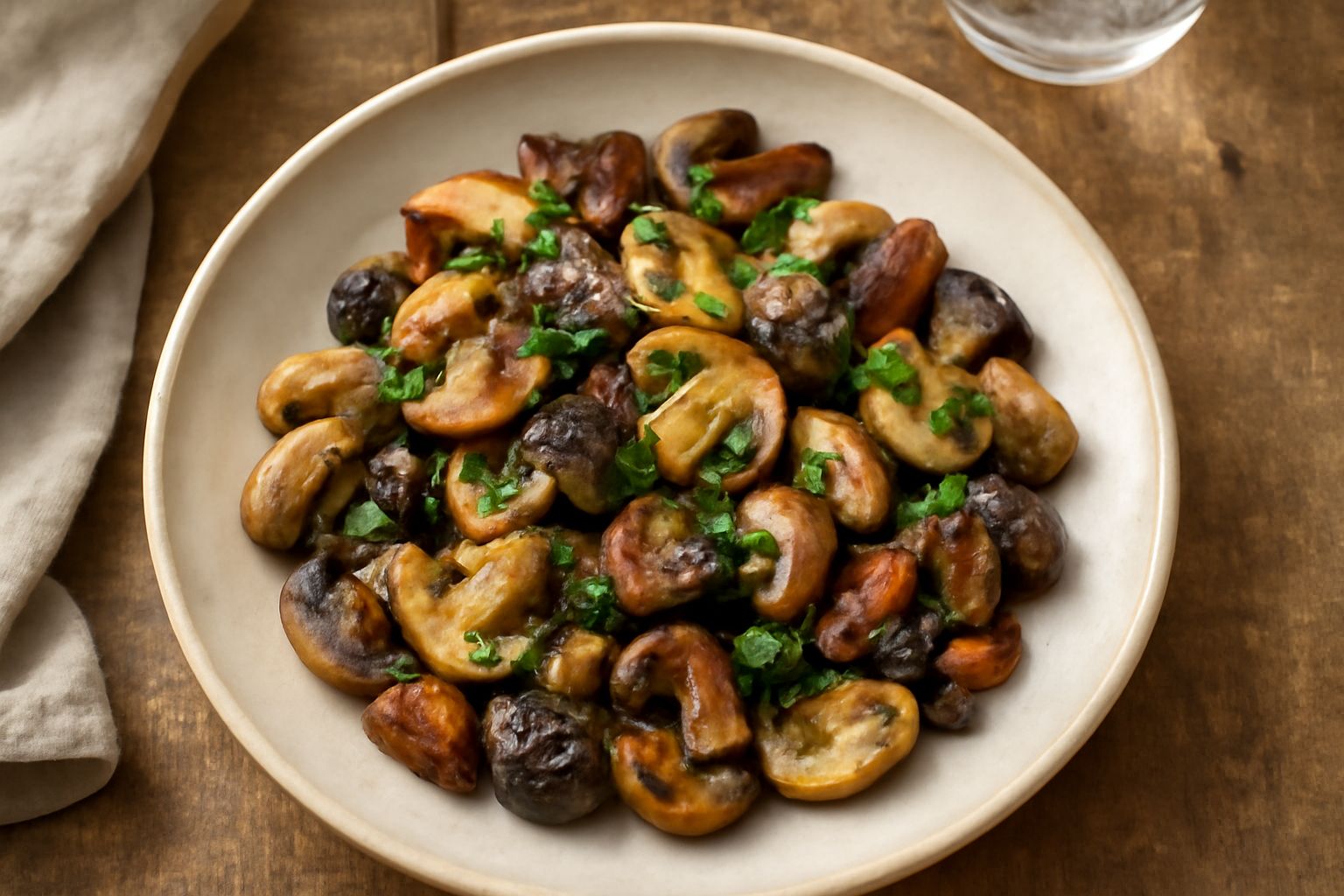 Funghi misti trifolati in un piatto fondo bianco, con pezzi di champignon dorati e prataioli scuri, prezzemolo verde smeraldo in superficie, olio lucido visibile