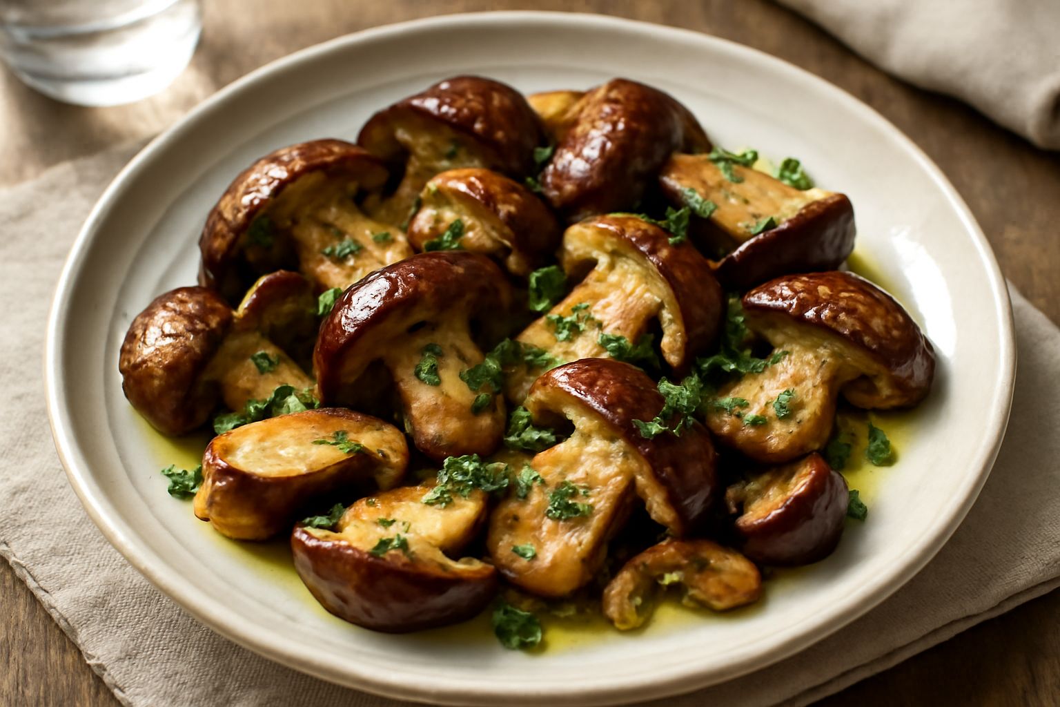 Funghi porcini trifolati in padella con aglio e prezzemolo fresco, colore marrone dorato, vapore caldo, contorno in piatto bianco con olio d'oliva lucido