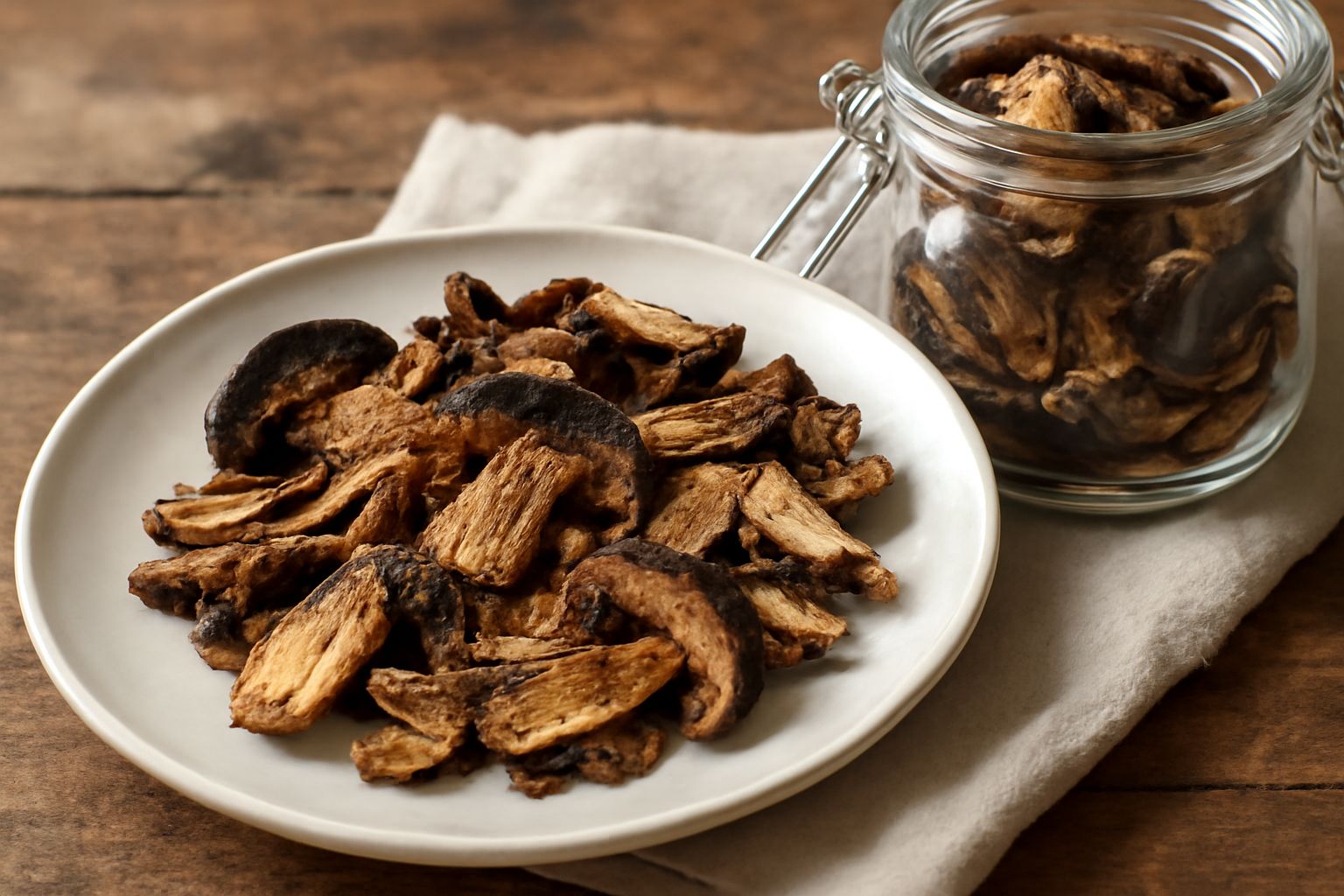 Funghi porcini secchi di colore marrone scuro e grigio disposti in un barattolo di vetro con coperchio ermetico, alcuni pezzetti visibili in primo piano su tela beige