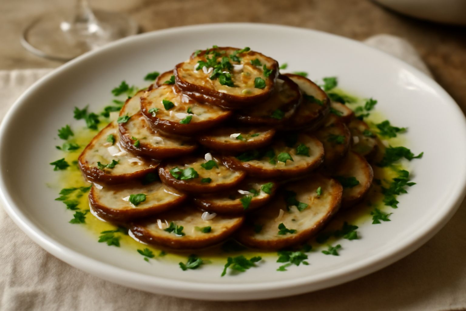 Funghi porcini affettati a fette sottili, di colore marrone scuro con tinte dorate, disposti in un piatto bianco con gocce di olio d'oliva, aglio affettato finissimo e prezzemolo fresco verde sparso i