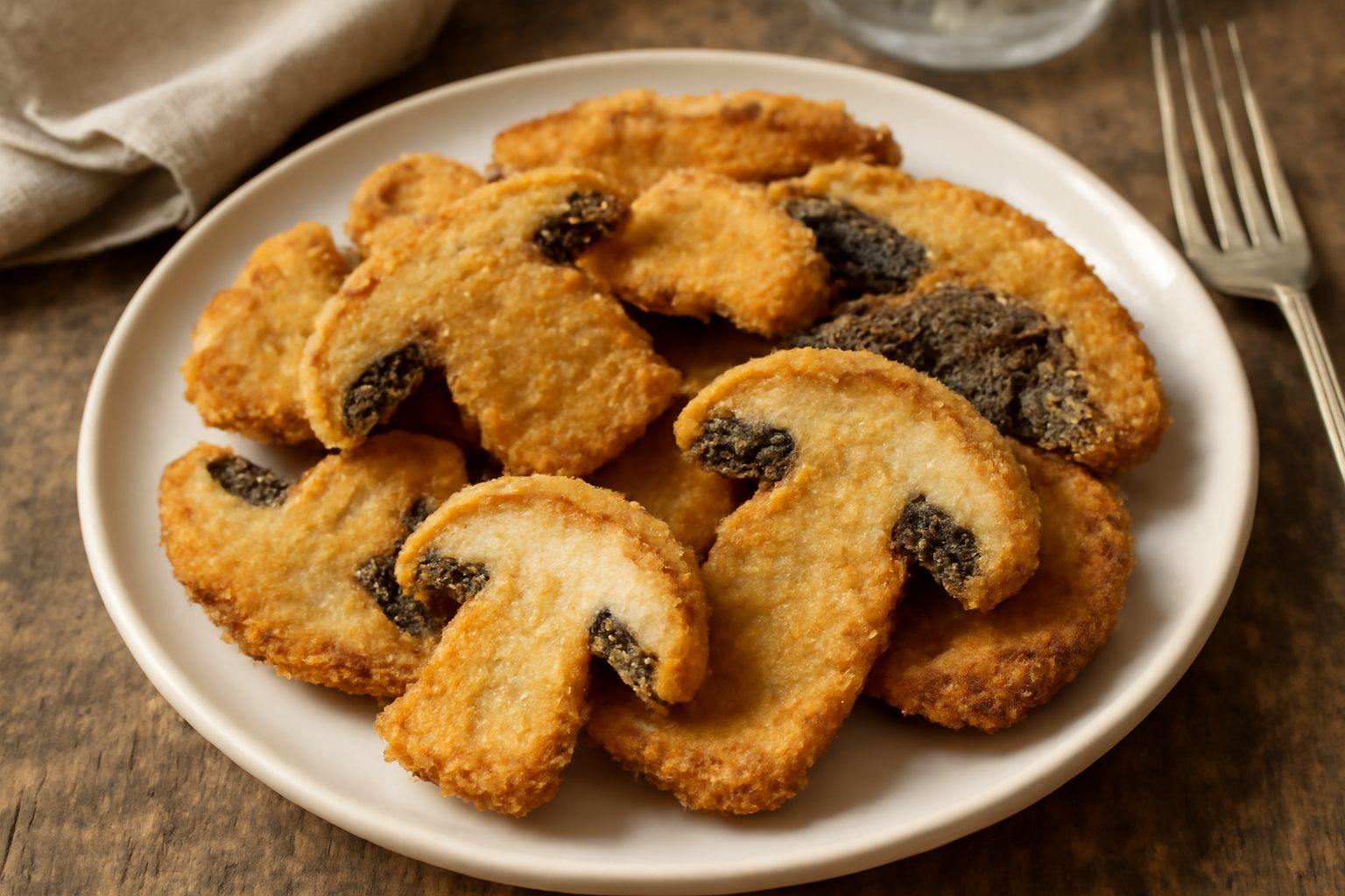 Funghi porcini fritti dorati e croccanti su un piatto bianco, con superficie dorata uniforme, guarniti con sale marino e prezzemolo fresco tritato, accompagnati da una salsa all'aglio su un piattino