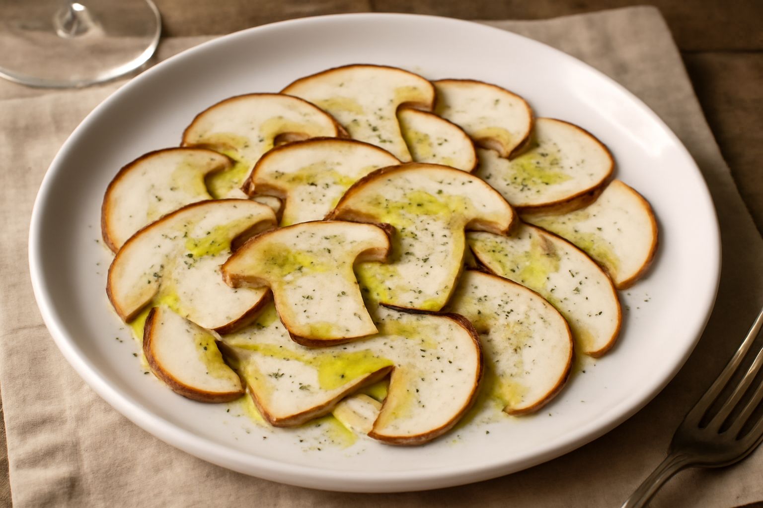Piatto bianco con fette sottili di funghi porcini crudi disposte leggermente sovrapposte, condite con gocce di olio dorato e scaglie di sale, con un tocco di prezzemolo fresco e un quarto di limone fr