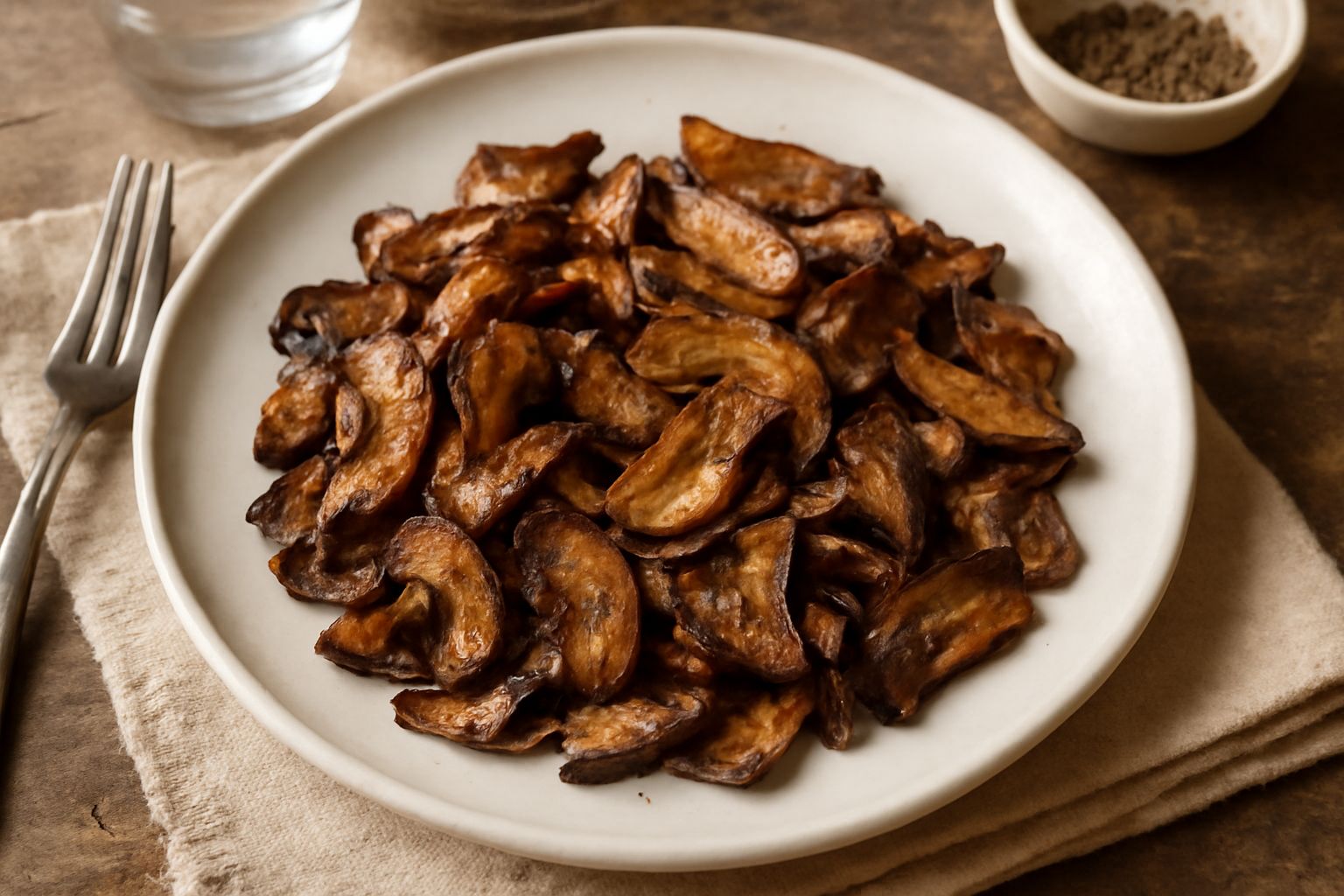 Funghi porcini secchi ripassati in padella di ferro, dorati e leggermente croccanti ai bordi, con aglio tostato e prezzemolo verde sparso in superficie, impiattati in una ciotola di ceramica bianca