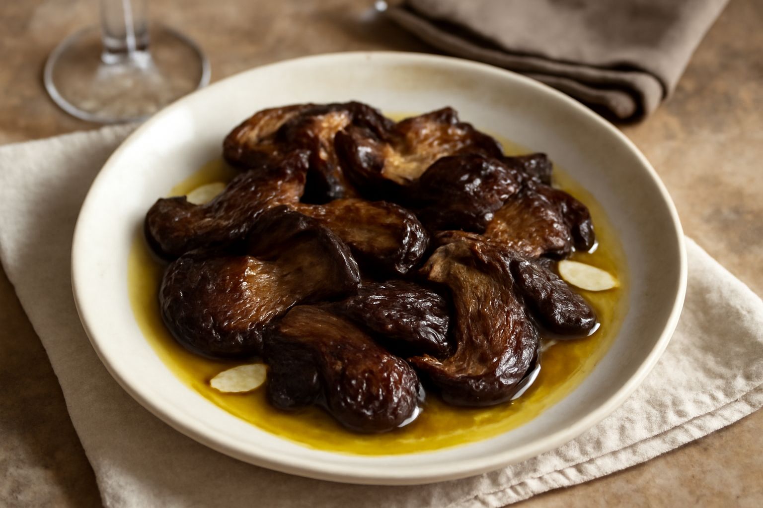 Barattolo di vetro con funghi porcini scuri e fragranti sommersi in olio dorato, con aglio e rosmarino visibili, su fondo di legno naturale