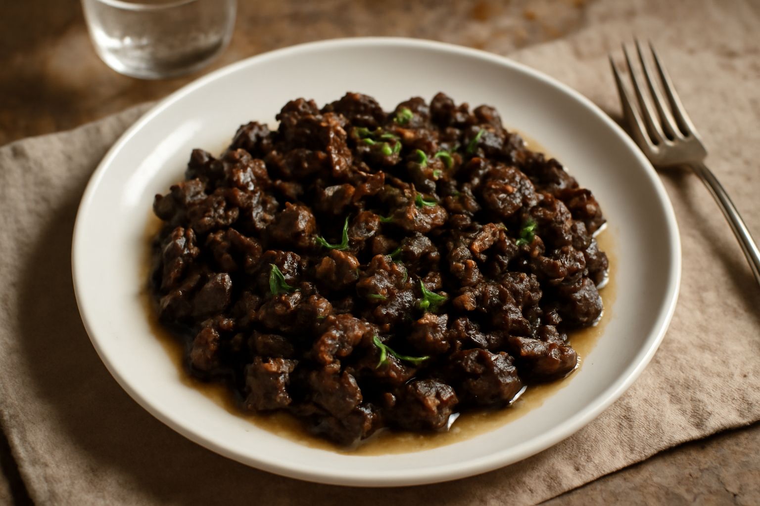 Funghi porcini secchi trifolati in un piatto bianco, con pezzetti scuri lucidi di fungo, aglio dorato e prezzemolo fresco verde sparso sopra, su fondo di olio.