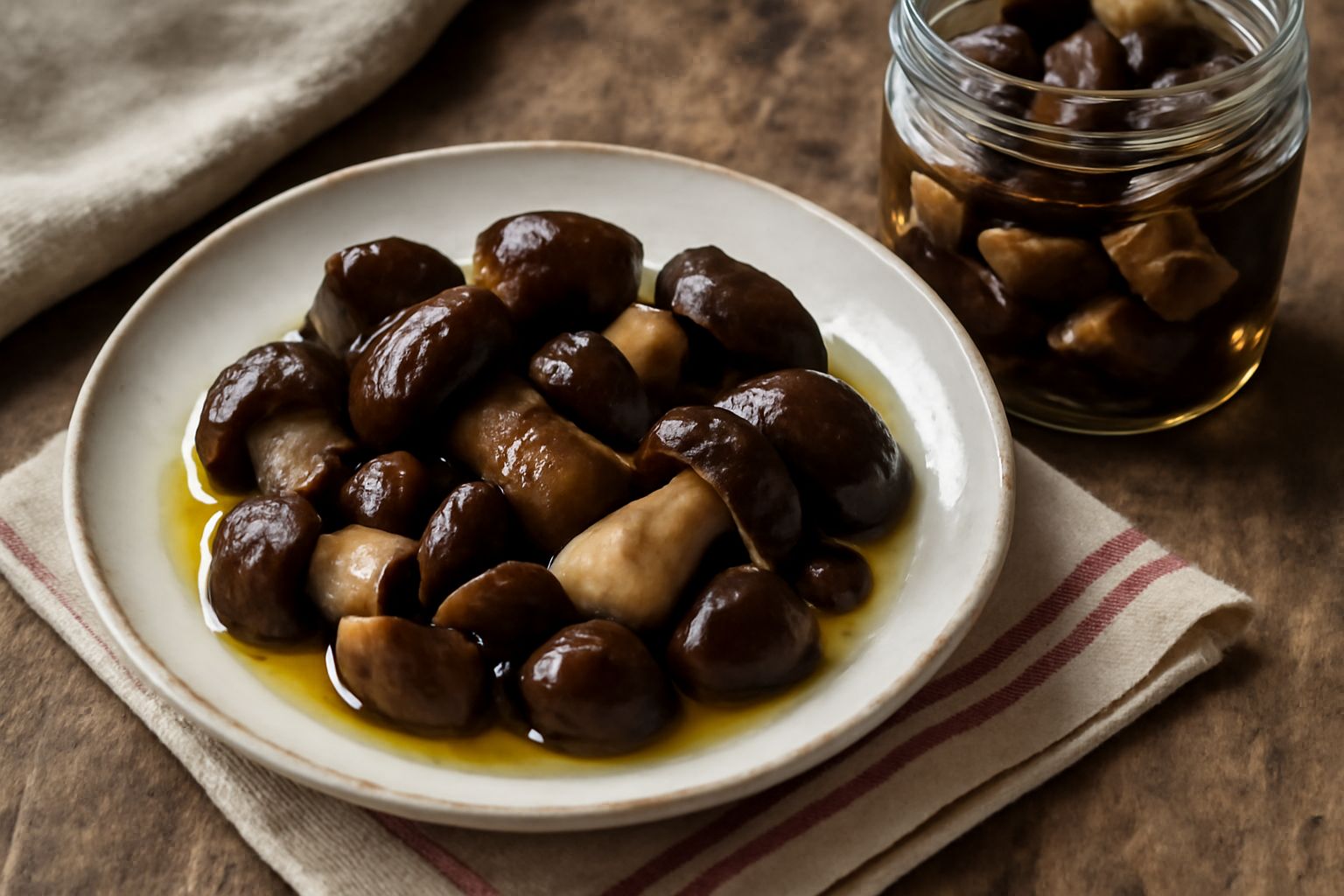 Vasetto di vetro con funghi porcini interi sottoli, ricoperti di olio trasparente, aglio e peperoncino visibili tra i funghi, su uno sfondo neutro