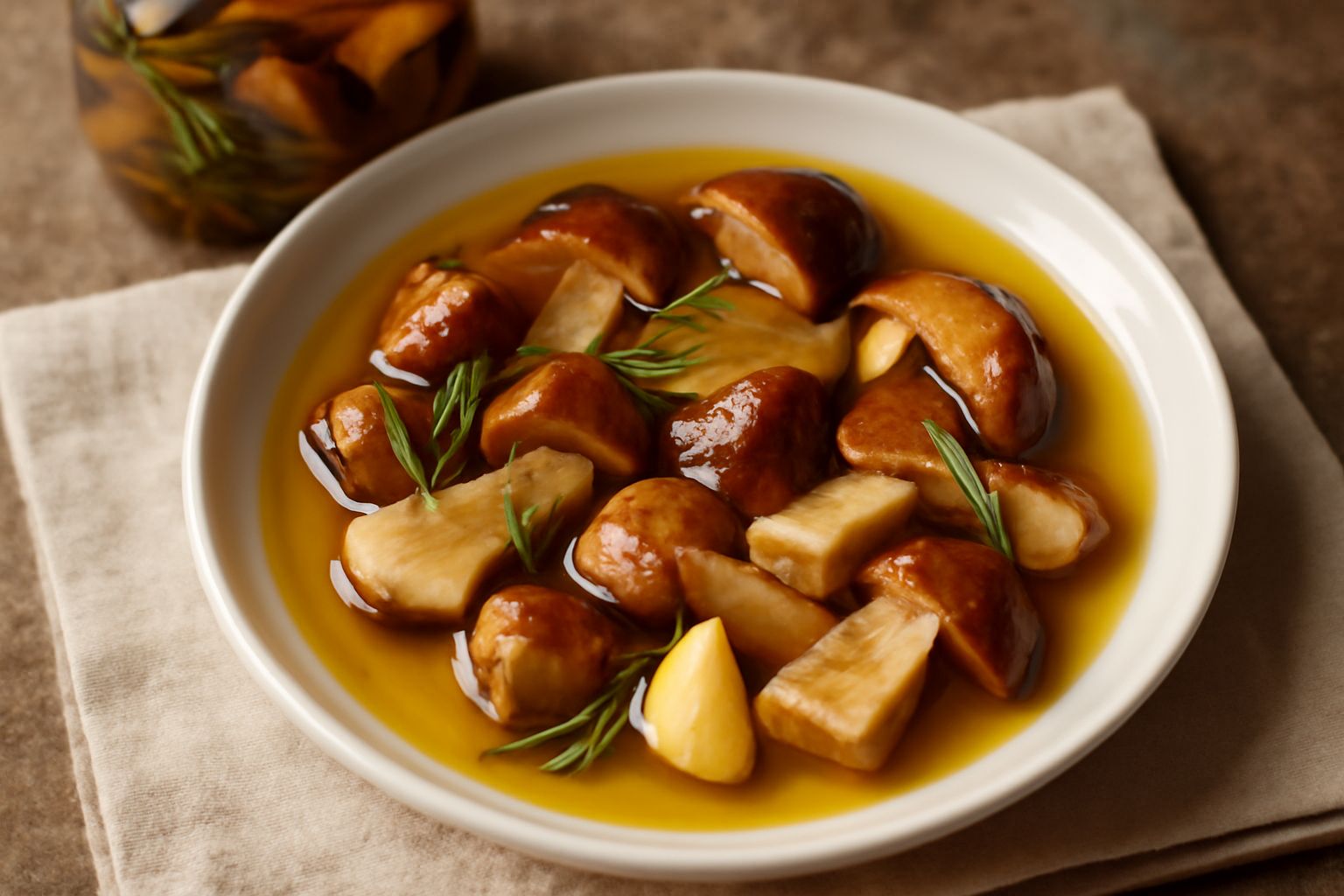 Vasetto di vetro trasparente con funghi porcini dorati immersi in olio chiaro, visibili spicchi d'aglio e fili di rosmarino, tappo di metallo, sfondo di legno rustico con un cucchiaio di legno accanto