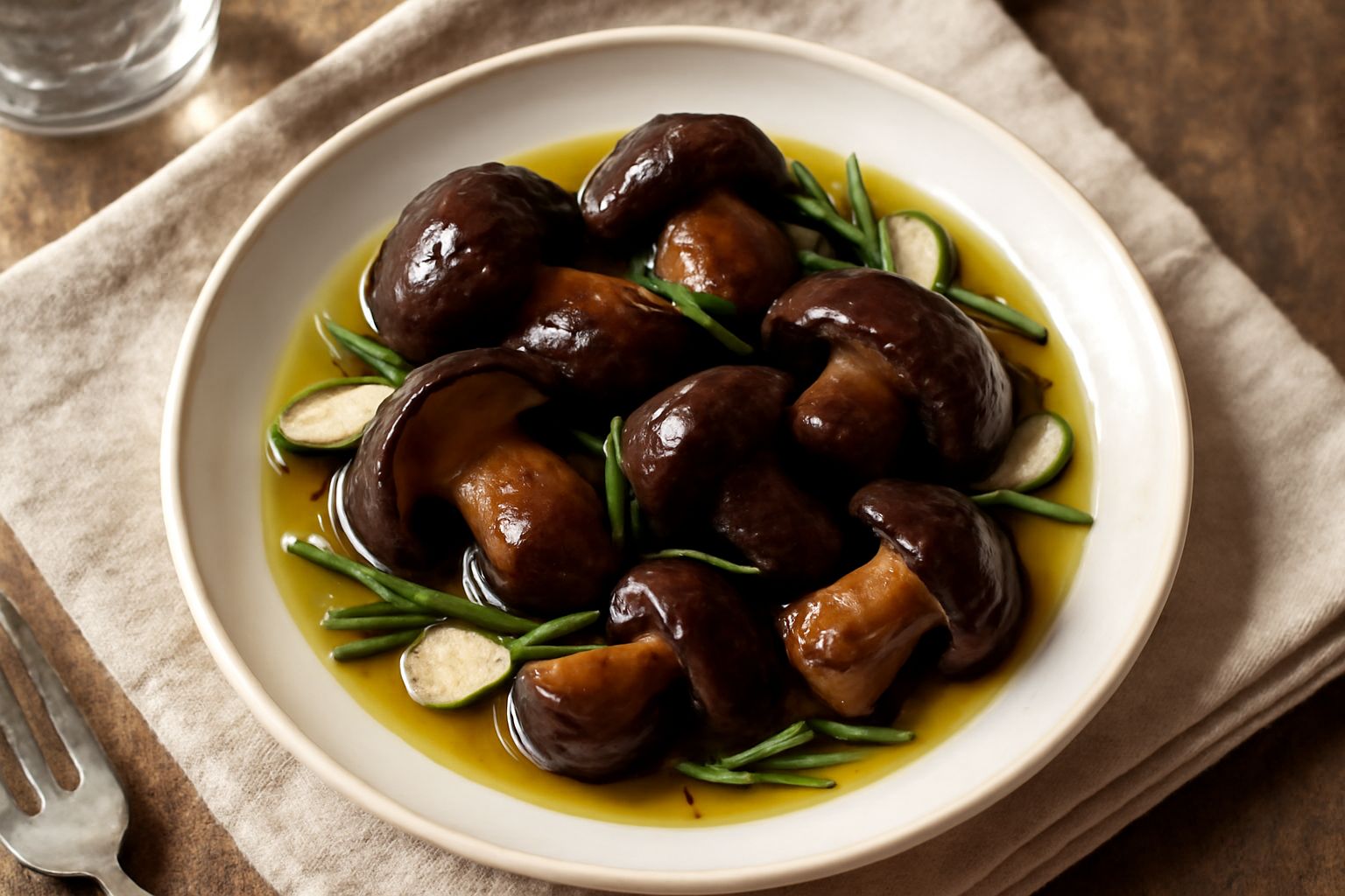 Vaso di vetro trasparente con funghi porcini scuri e interi immersi in olio dorato, con aghi di rosmarino e spicchi di aglio bianco visibili tra i funghi