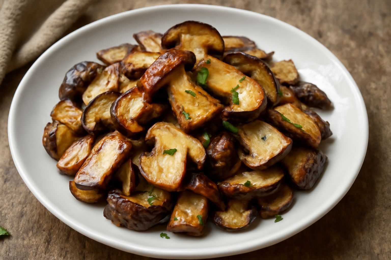 Funghi porcini trifolati dorati in padella di ferro, cosparsi di prezzemolo fresco verde, aglio tagliato a lamelle dorate, riflessi di olio extravergine, su fondo bianco con ombra morbida