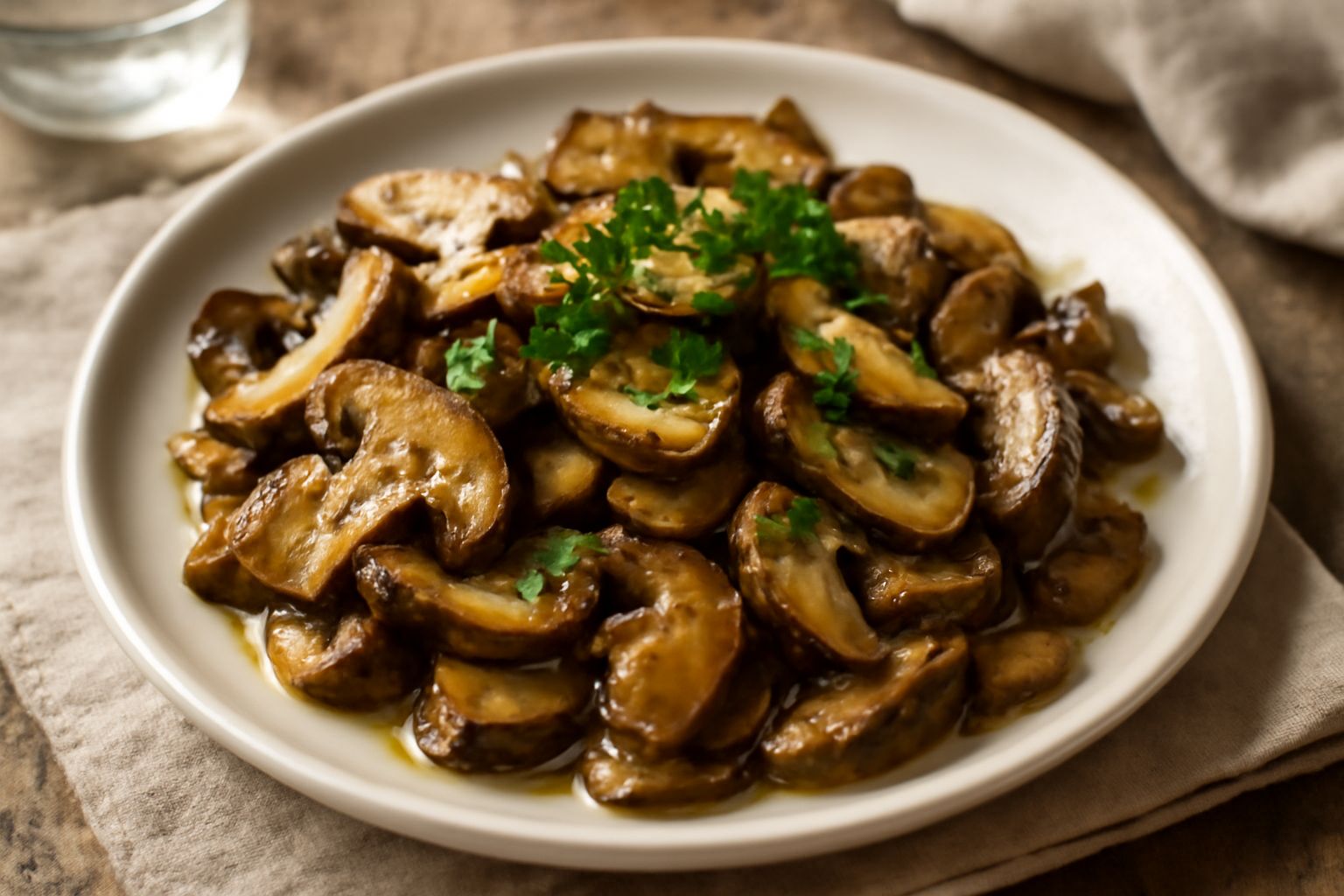 Funghi porcini trifolati in un piatto bianco, colore marrone dorato con trama visibile, prezzemolo verde tritato sulla superficie, serviti tiepidi